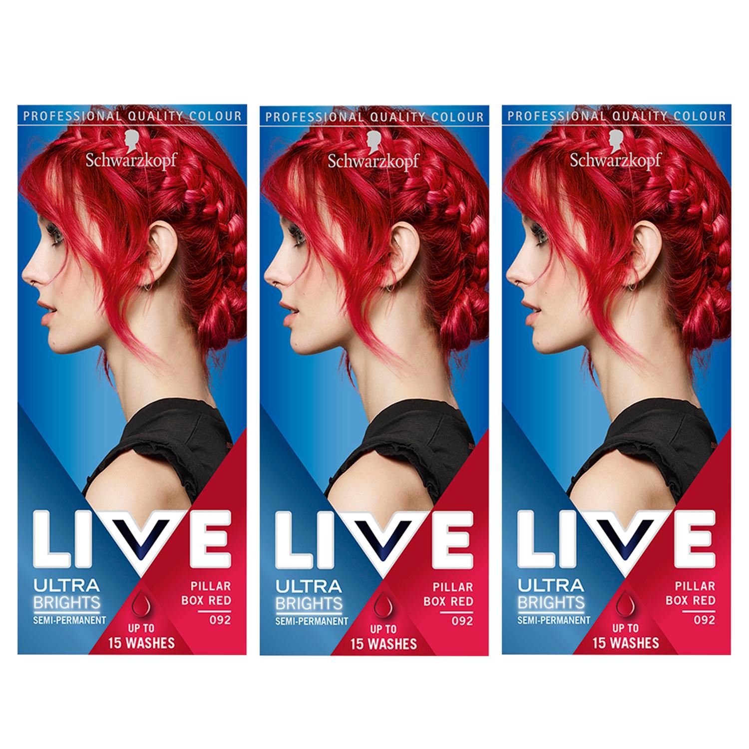 Schwarzkopf Live Pillar Box Red Semi-permanent Hair Dye, Ultra Brights 092 3 Pk