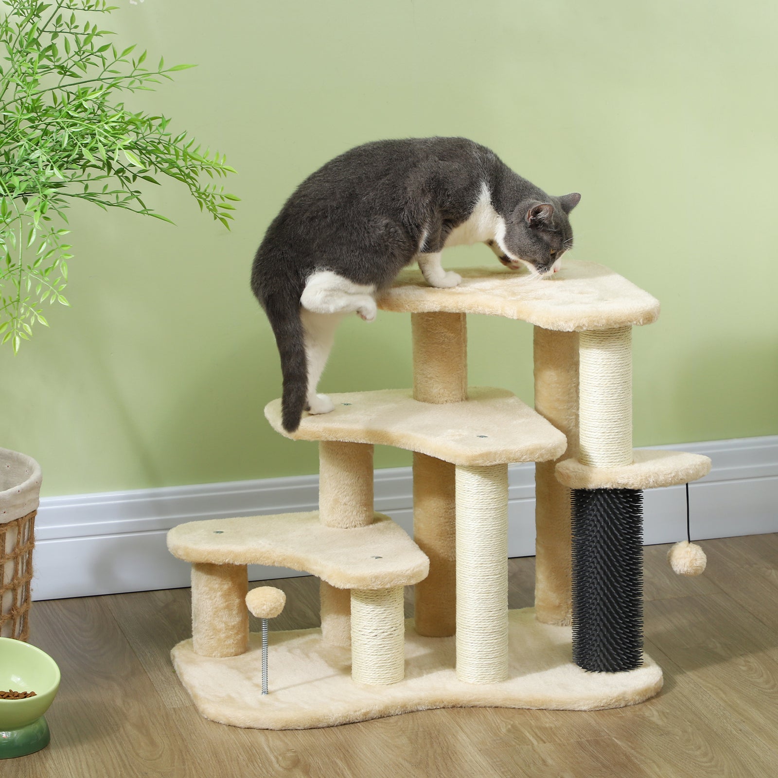 Cat Tree 2 In 1 Pet Stairs W/ Scratching Tickling Post, Beige