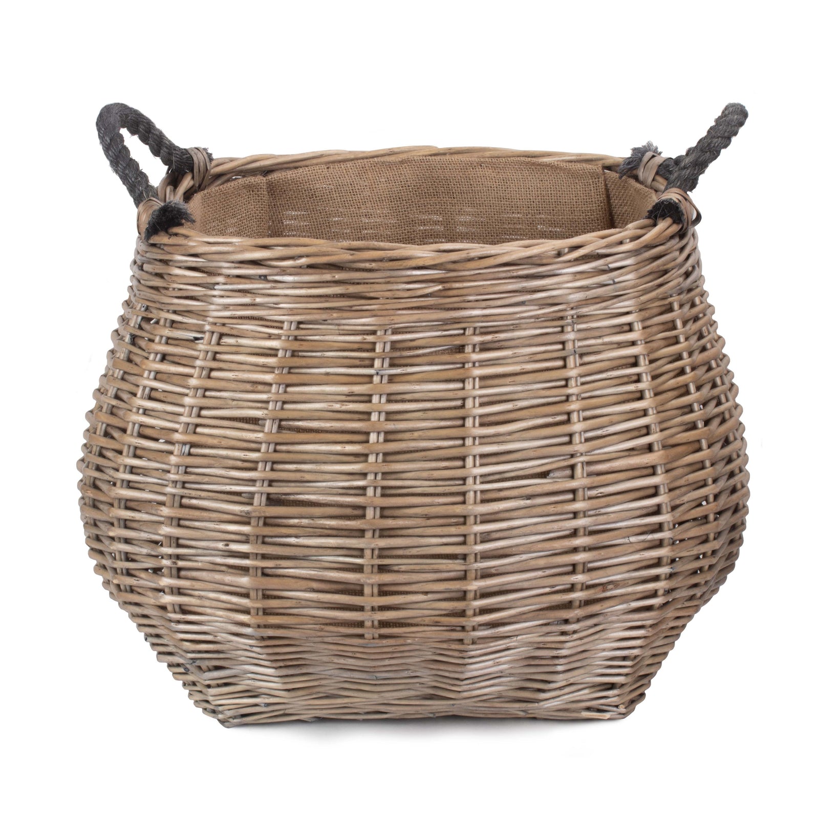 Wicker Curve Sided Antique Wash Hessian Lined Log Basket