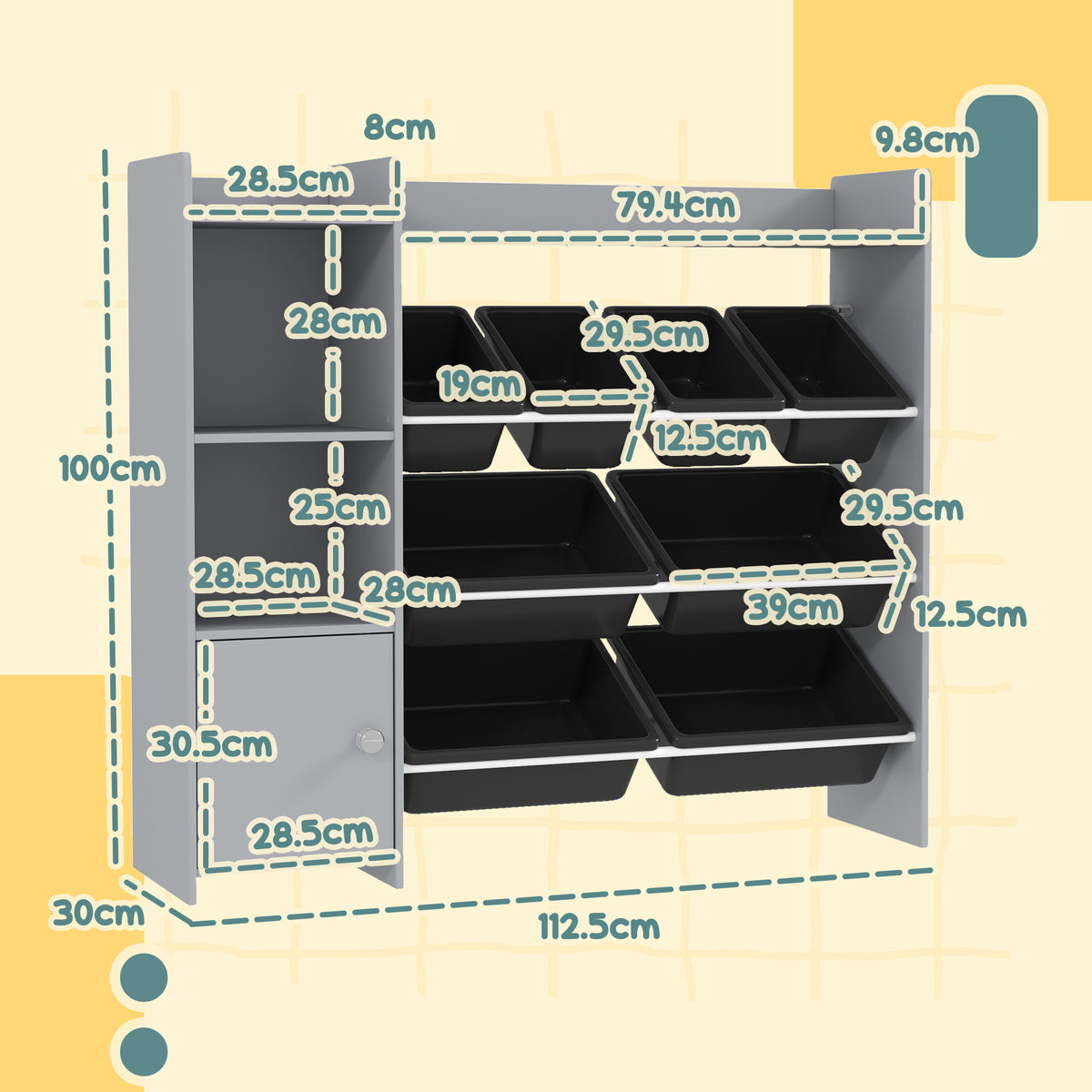 Toy Storage Unit With 8 Removable Bins, Storage Shelves, Cabinet | Grey