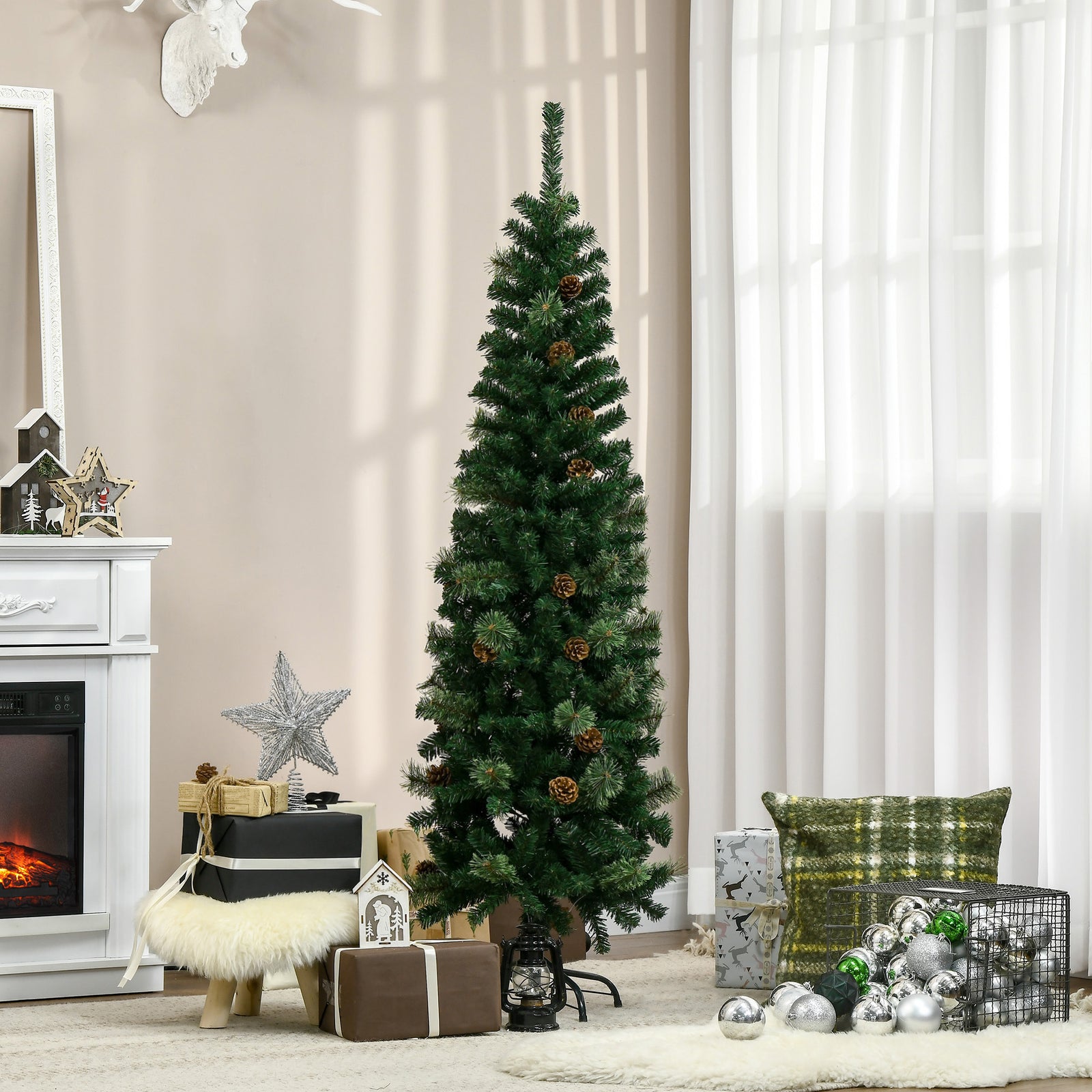 5.5/6.5ft Artificial Slim Christmas Tree With Pine Cones | 5.5ft | Green