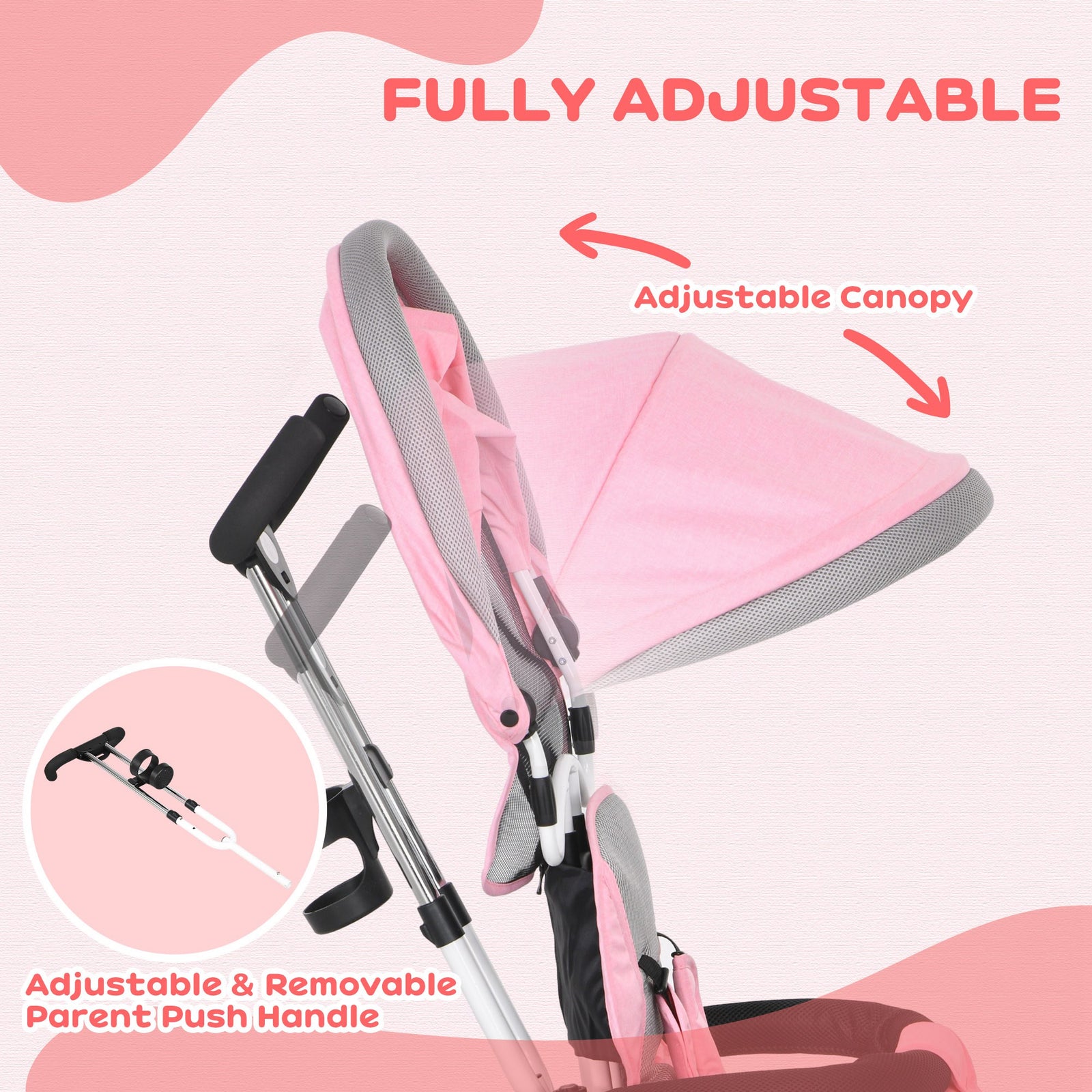 6 In 1 Kids Trike, Stroller With Parent Handle | Pink