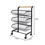 3/4/5-tier Adjustable Black Carbon Steel Storage Cart Rolling Utility Organizer Trolley With Wooden Handle | Small | Black