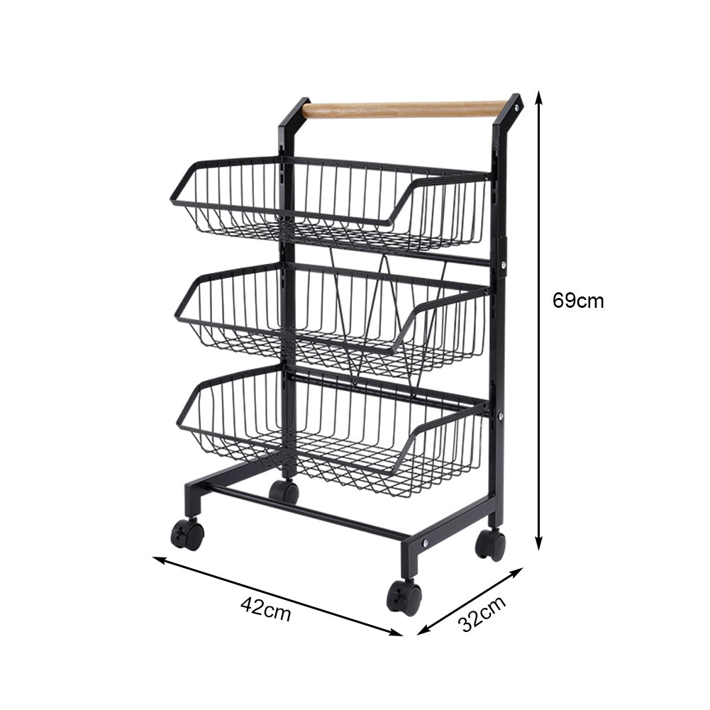 3/4/5-tier Adjustable Black Carbon Steel Storage Cart Rolling Utility Organizer Trolley With Wooden Handle | Small | Black