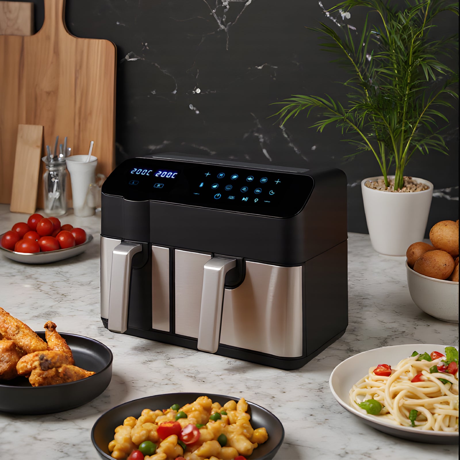 Dual-basket Smart Air Fryer, 3.5l + 6l Capacity,led Touchscreen, 8 Preset Cooking Modes, Easy To Clean, Non-stick, Overheat Protection