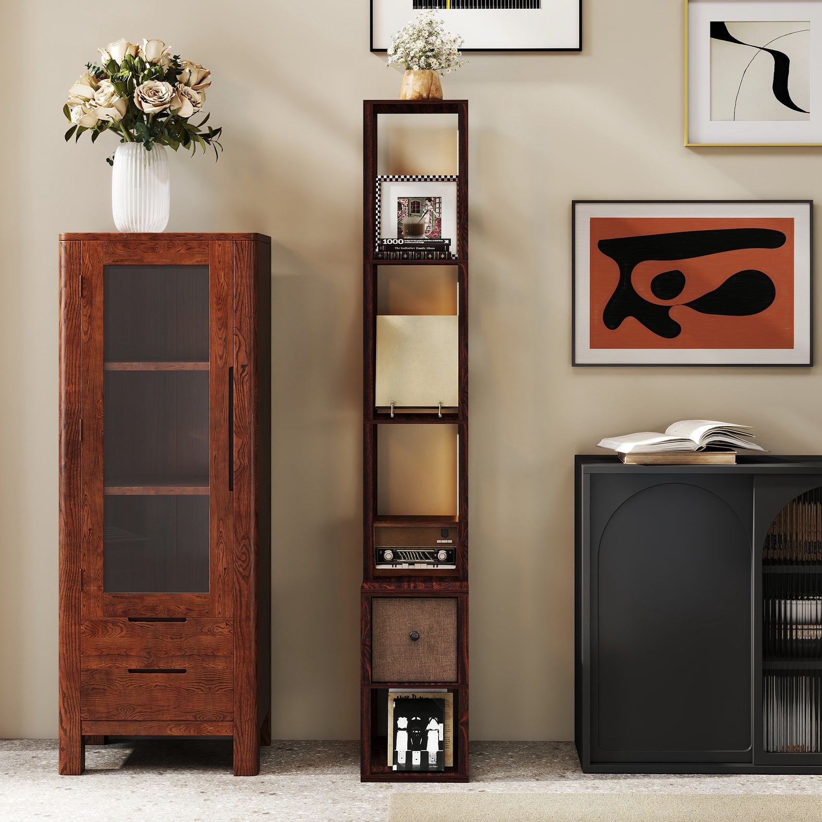 Floor Lamp With Shelves, Led Standing Lamp With Fabric Drawer | Dark Brown