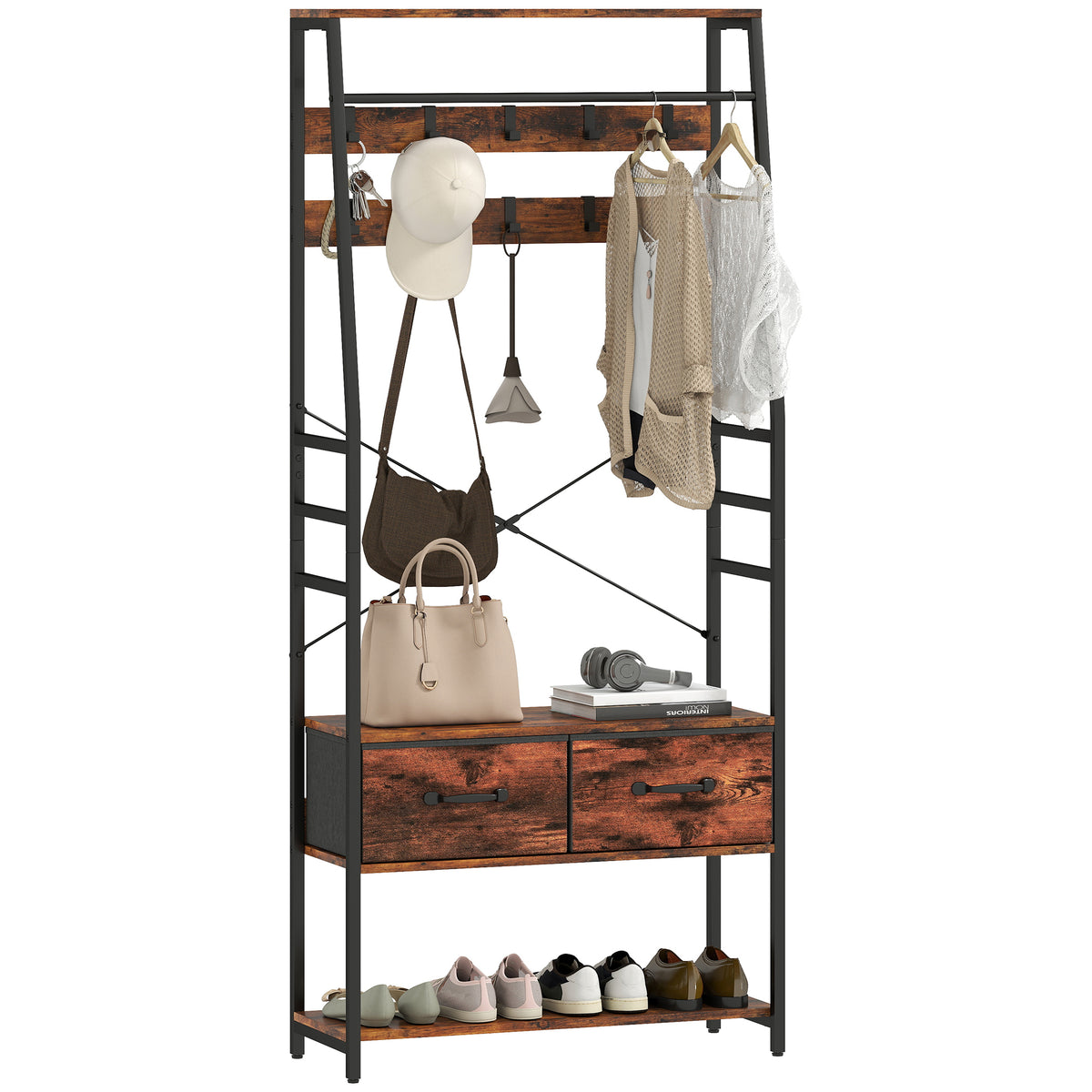 HOMCOM Coat Rack With Shoe Storage, Bench And 10 Hooks