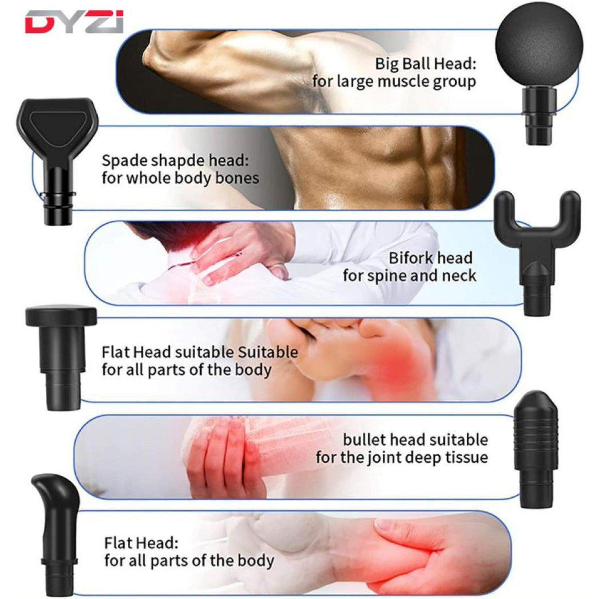 Dyzi Handheld Muscle Massage Gun For Pain Relief 6 Heads Body Massager Deep Tissue Percussion Massager