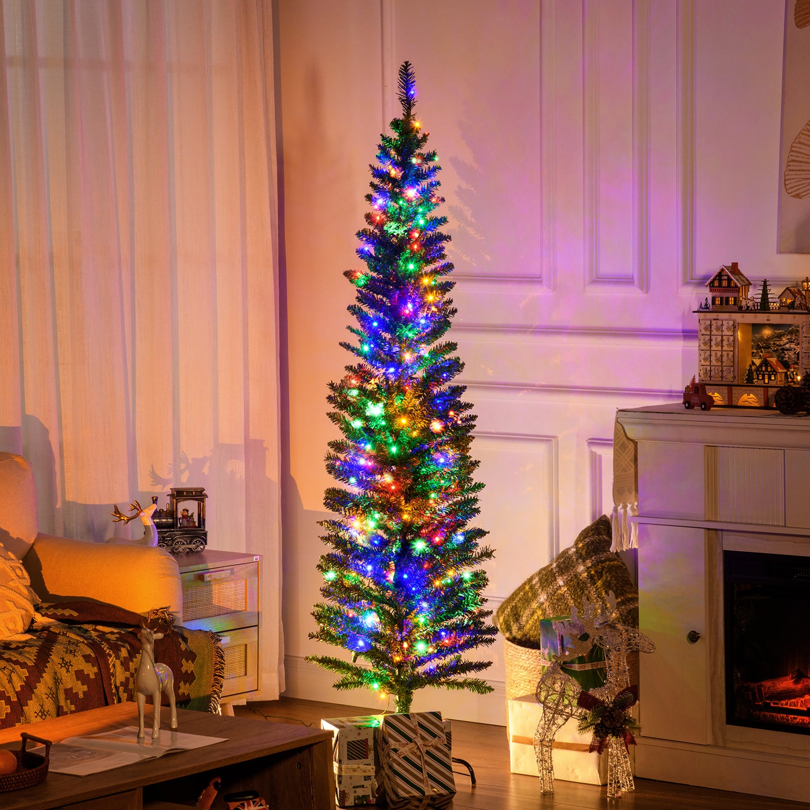6/7.5ft Artificial Pencil Christmas Tree With Steel Base | 6ft | Green