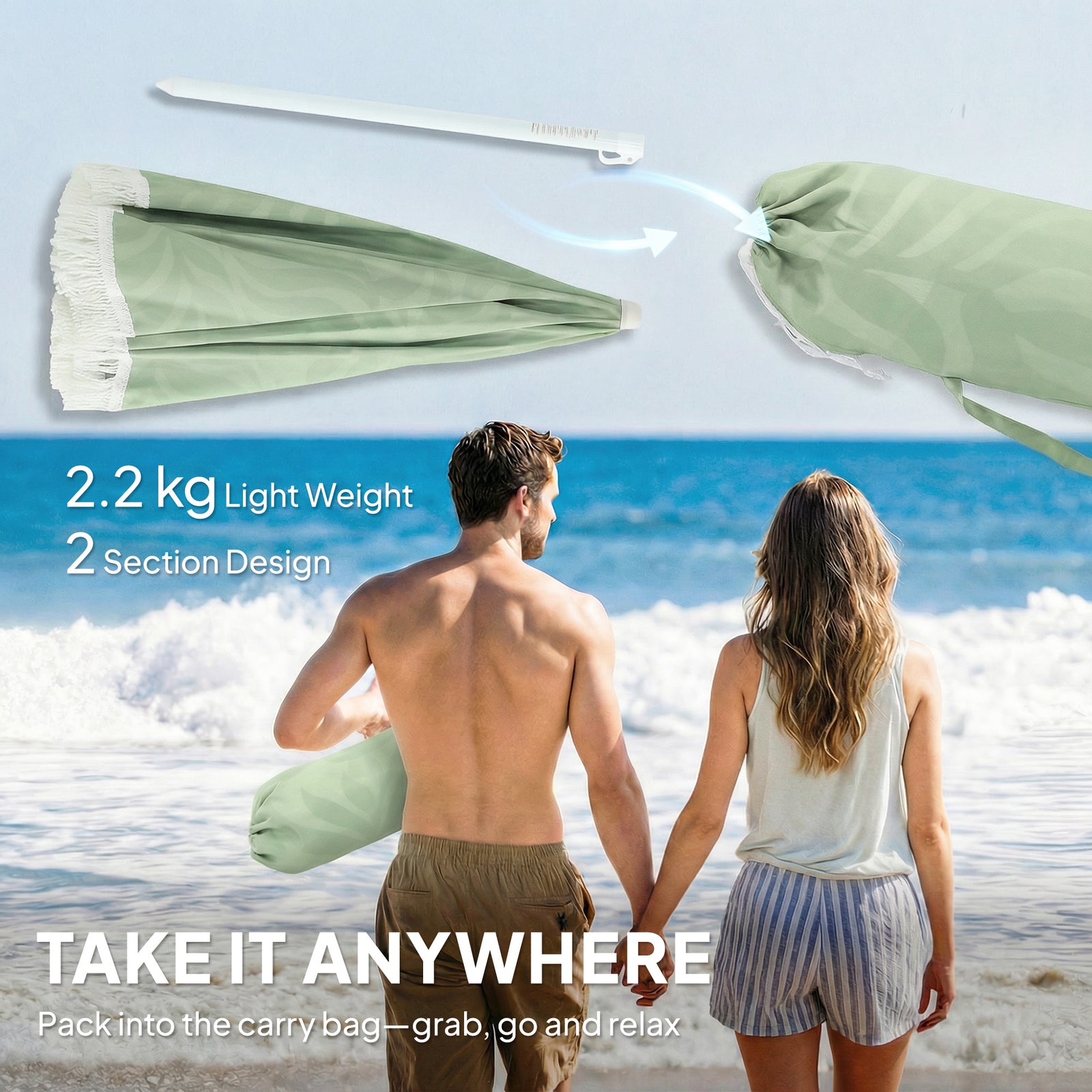 1.8 M Beach Umbrella Parasol With Sand Anchor, 30 Tilt | Green
