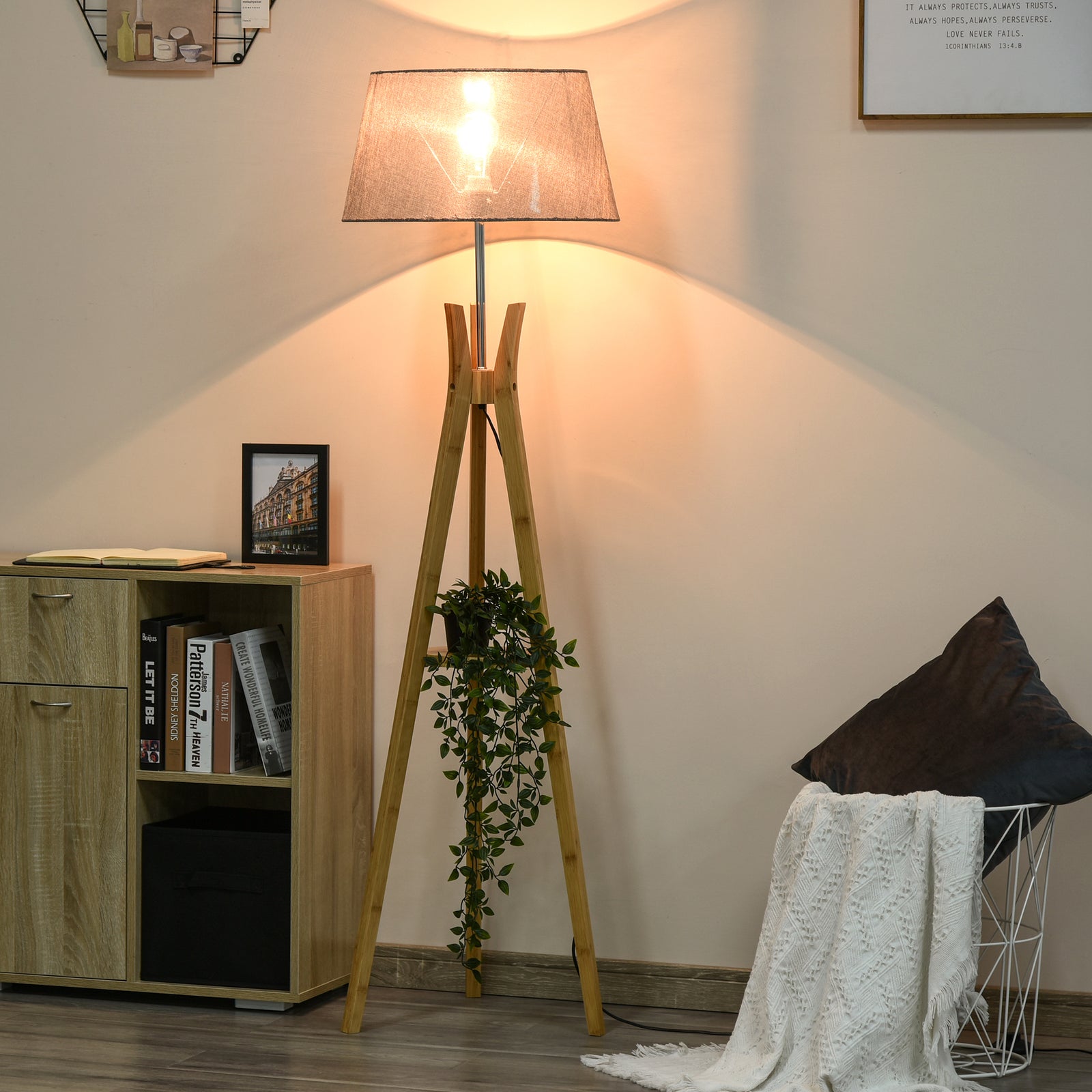 Tripod Floor Lamp Light E27 Base With Fabric Shade Shelf | One Size | Gray
