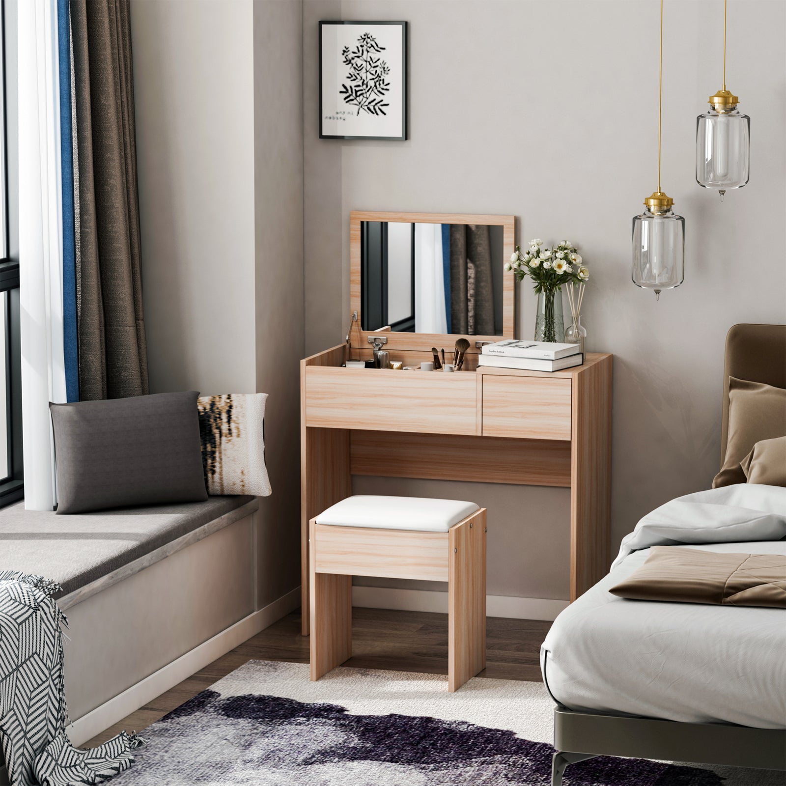 Dressing Table Set Cushioned Stool Flip-up Mirror Drawer | One Size | Natura
