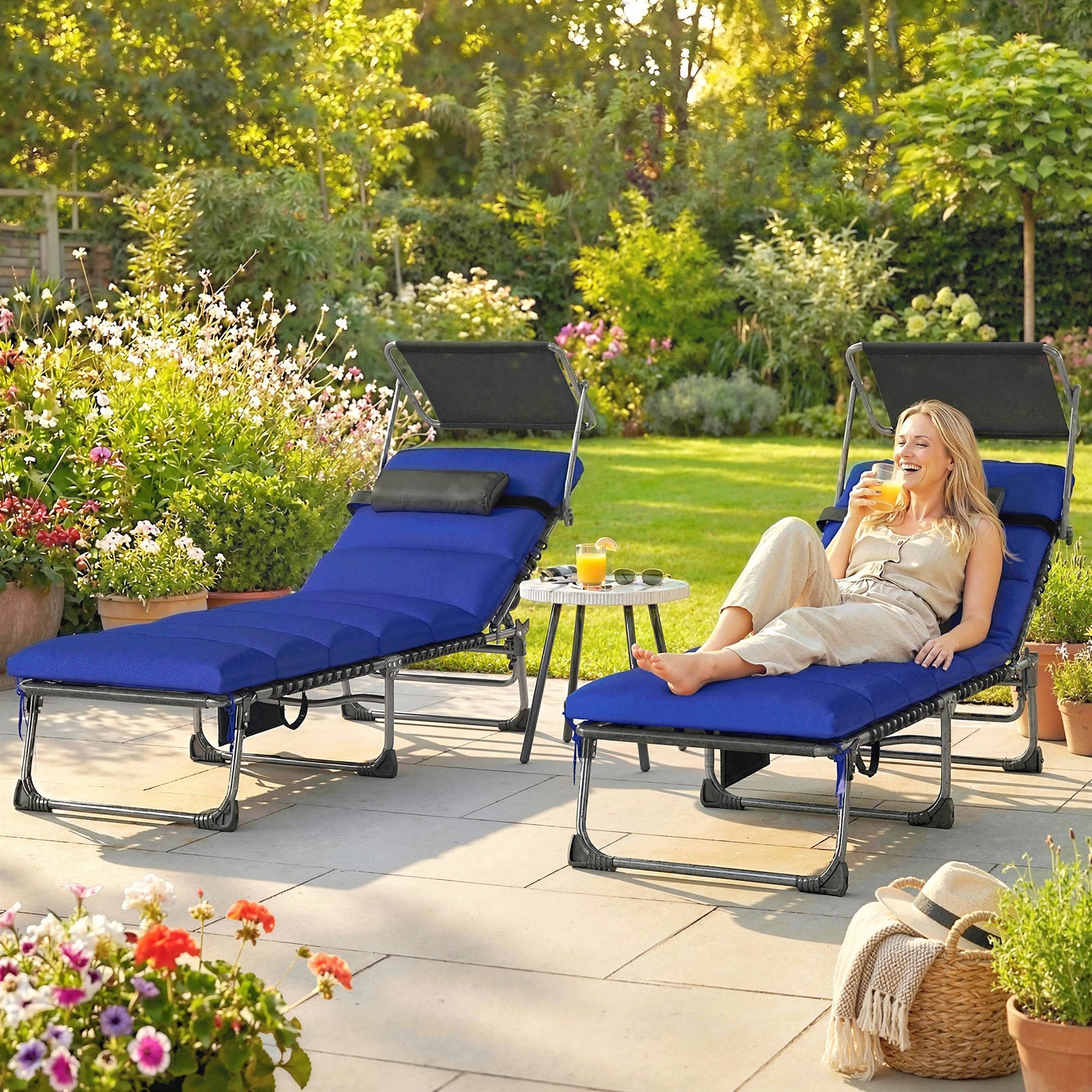 Folding Sun Loungers Set Of 2, Sun Bed With Canopy | Dark Blue