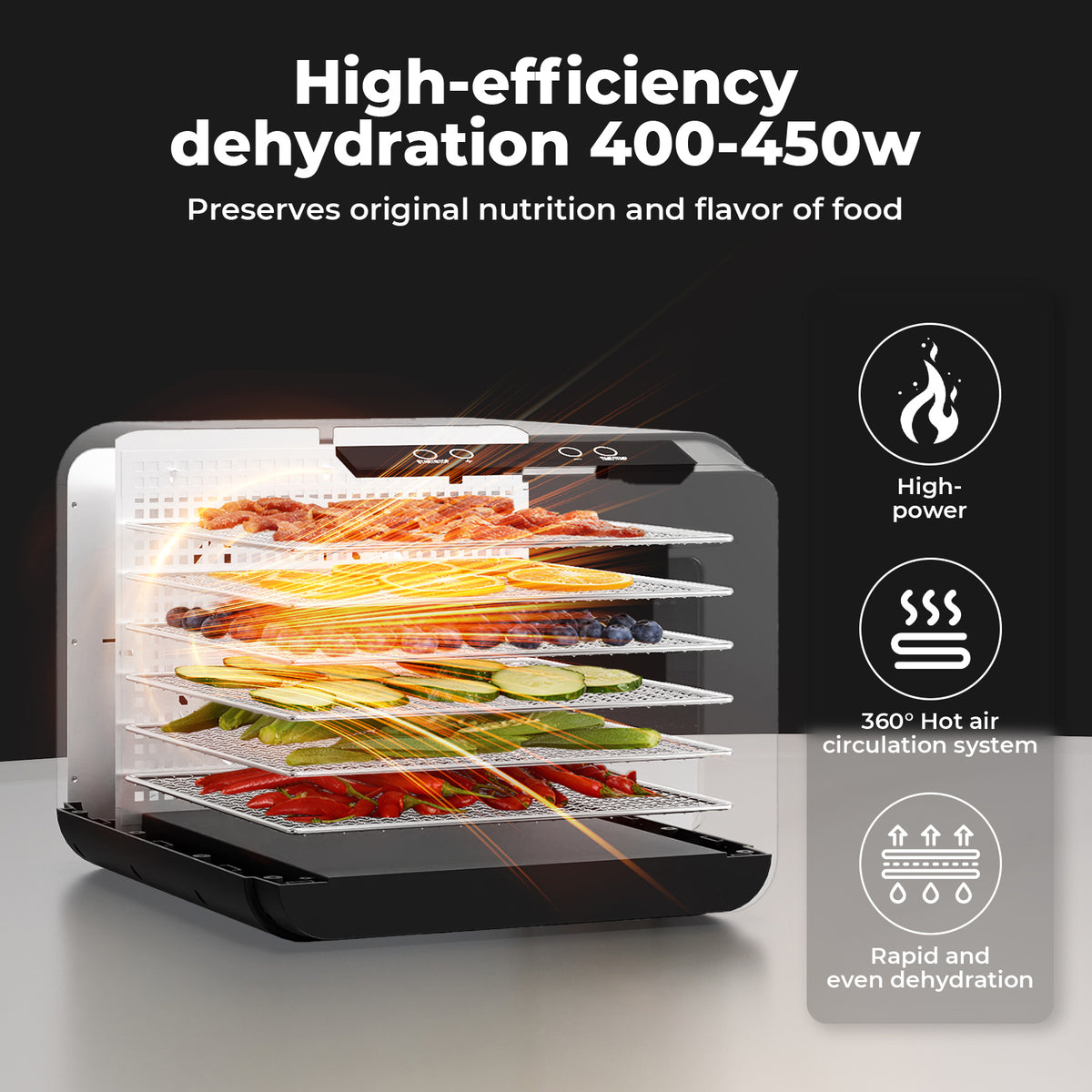 Spector Electric Food Dehydrator 6 Stainless Steel Trays Touch Control 72h Timer