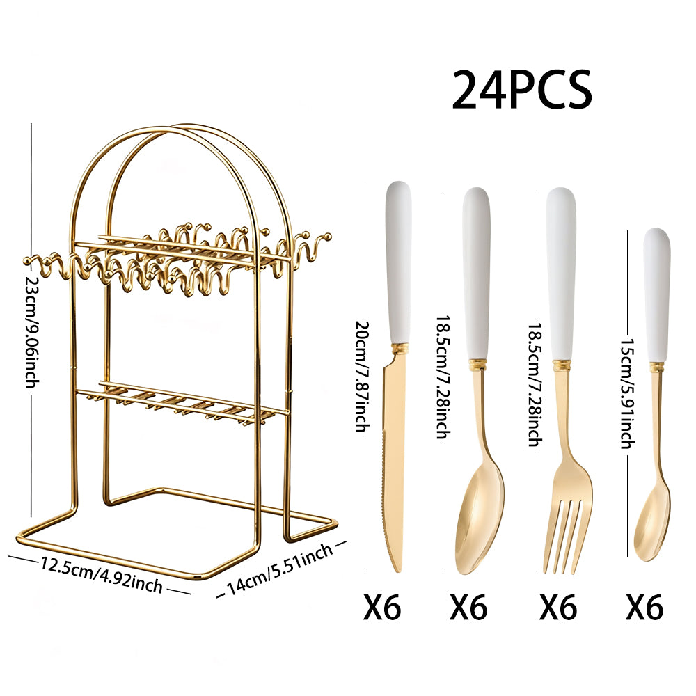 24-piece Stainless Steel Cutlery Set With Storage Rack | White