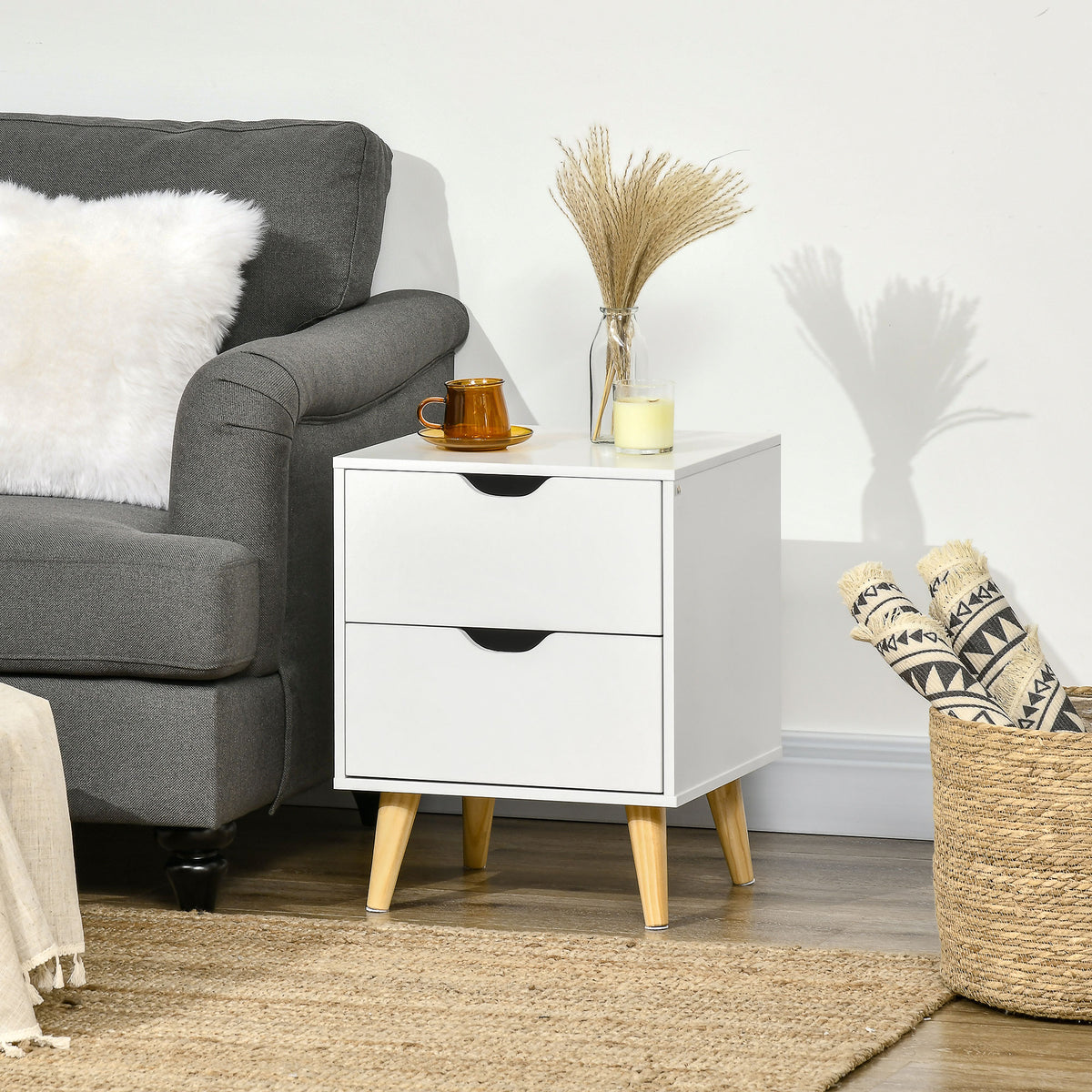 Bedside Table With Drawer, Side Table With Pine Wood Legs