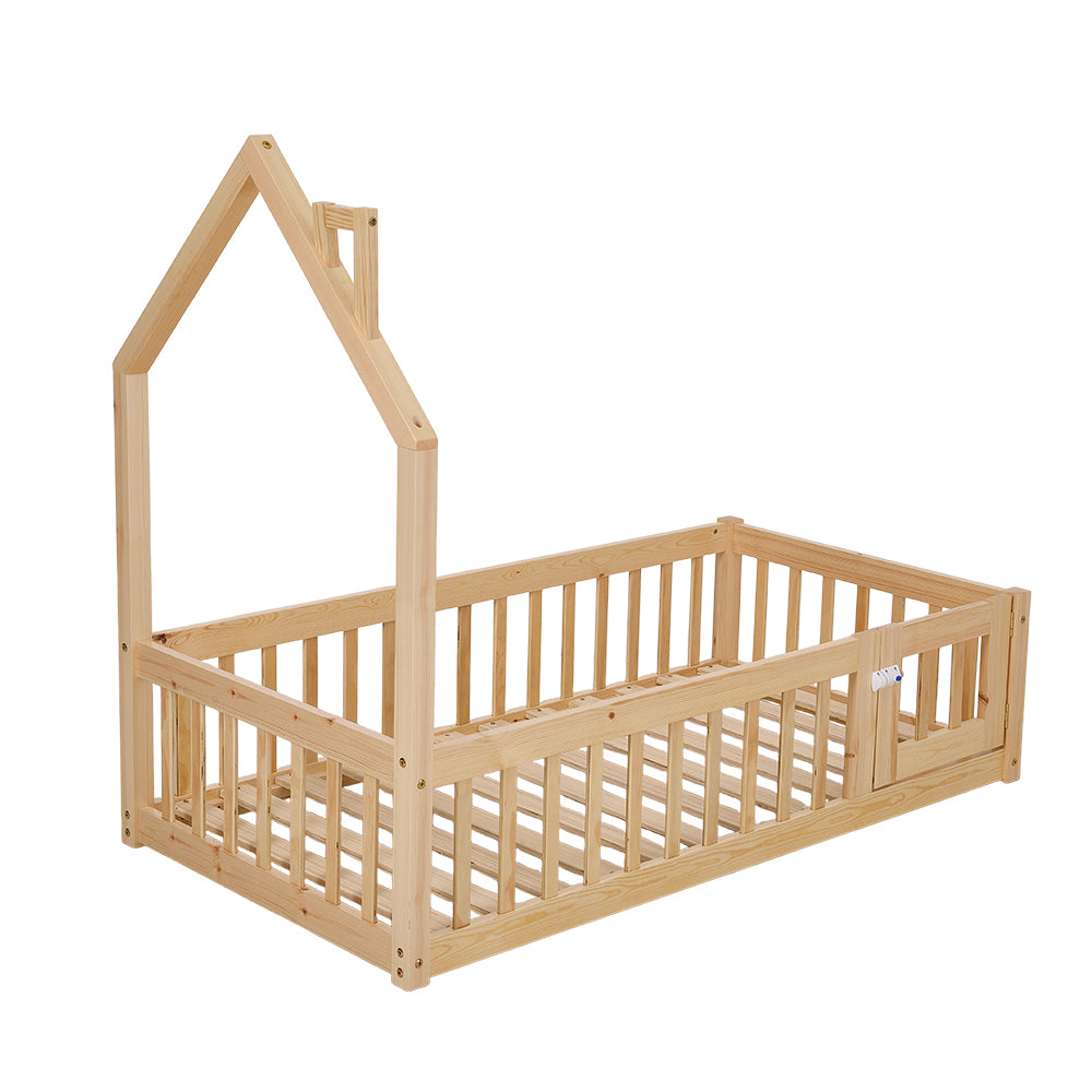 Natural Pine Wood House-140cm X 70cm Shaped Children’s Bed Frame With Guardrails