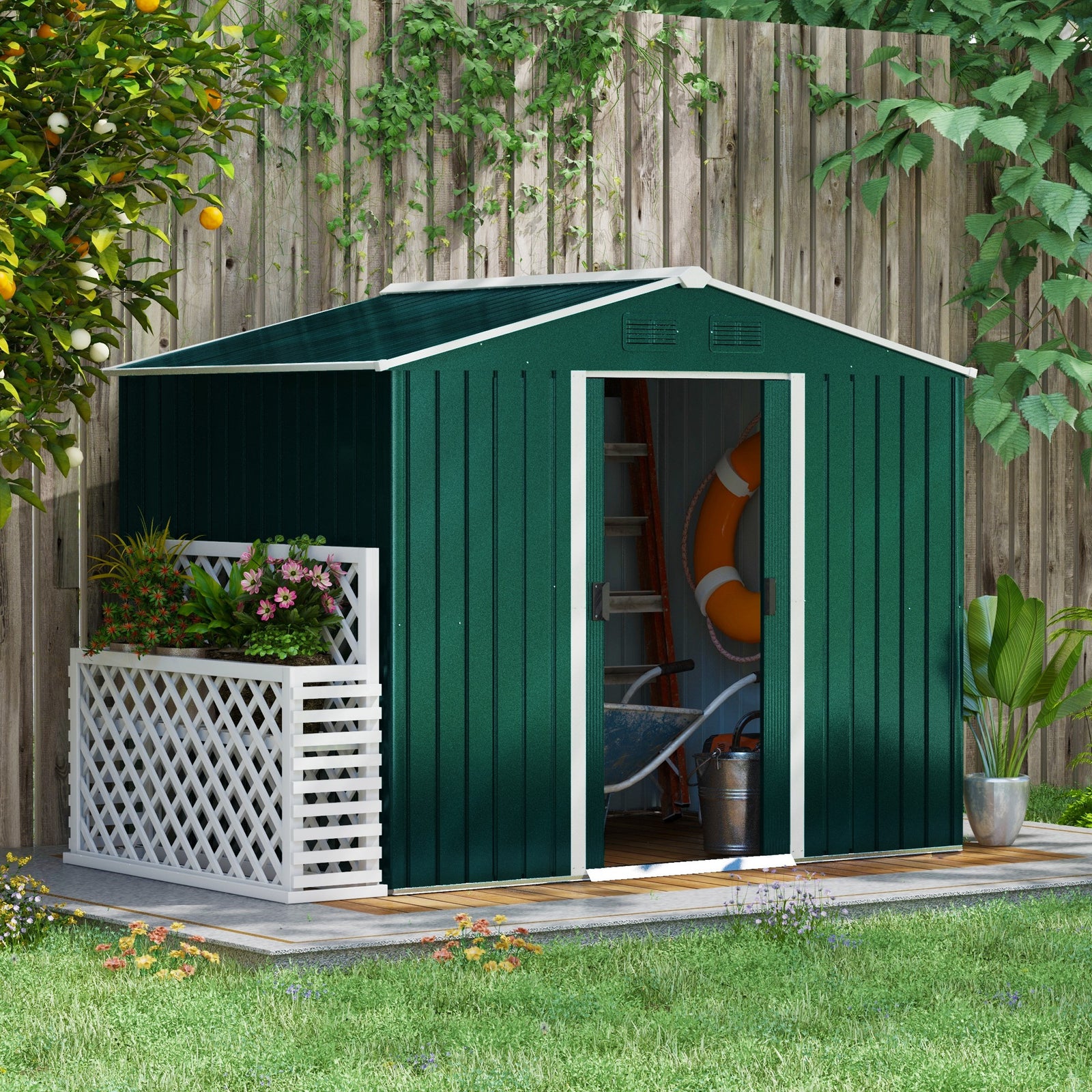 8 X 6ft Garden Storage Shed With Double Sliding Door Outdoor | Green