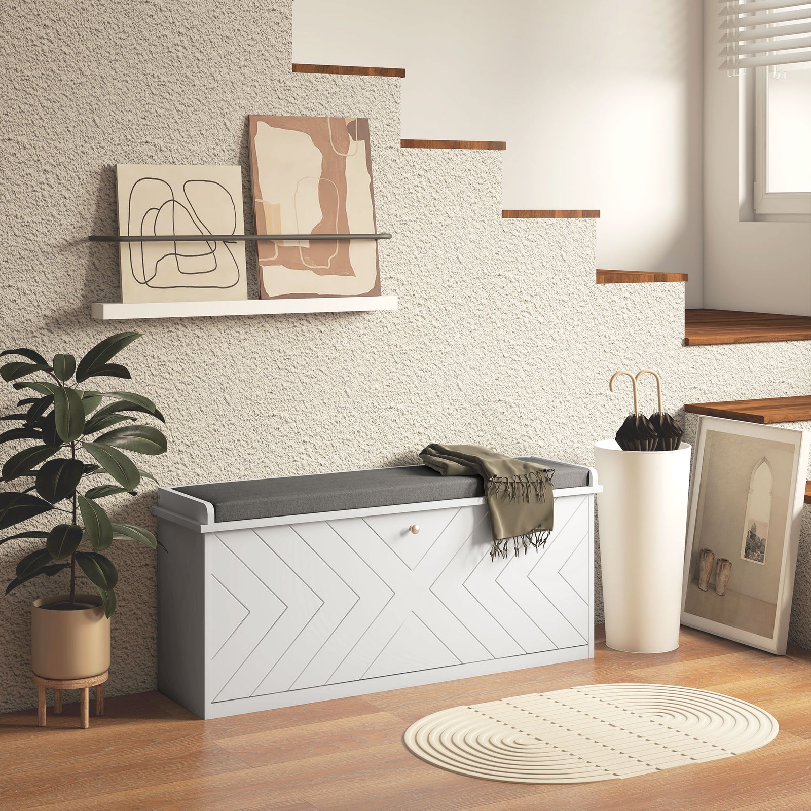 Shoe Bench With Flip Drawer, Cushion, 10 Pairs For Entryway