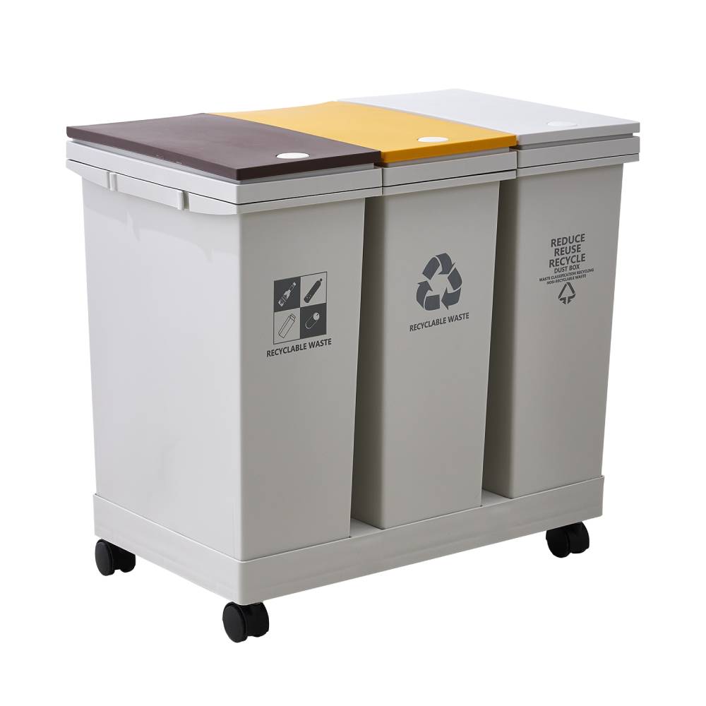 36l/60l 3-compartment Trash Can With Lids And Wheels Dry And Wet Waste Separation Rolling Kitchen Recycling Bin | Large
