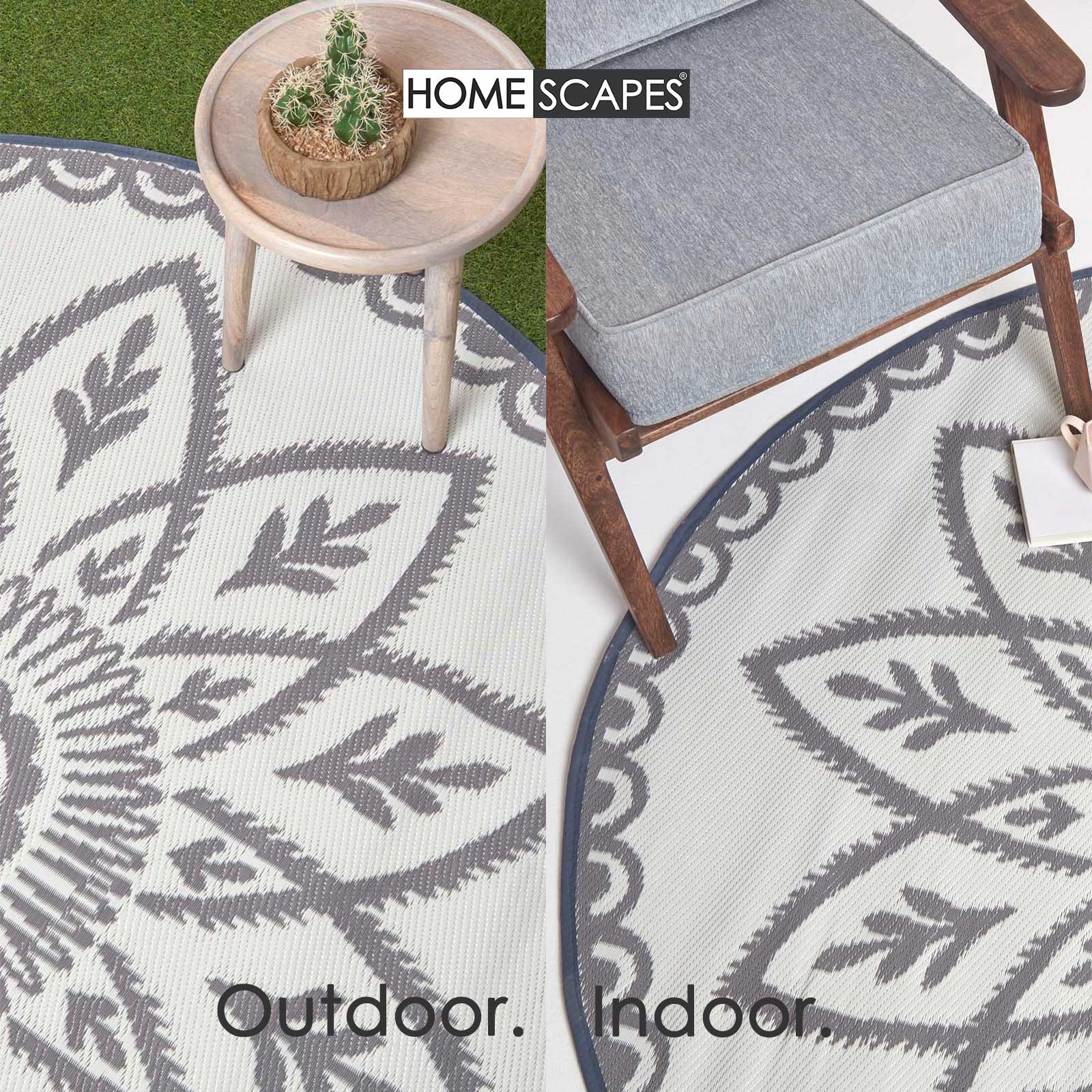 Luxury Outdoor Rug Waterproof Reversible Round For Garden Patio 100% Recycled, Grey Henna