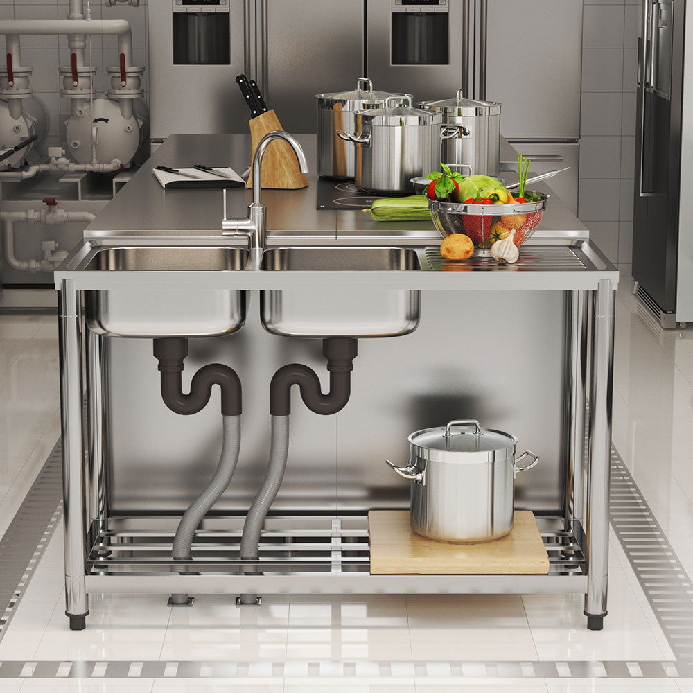 120cm W X 50cm D X 80cm H Stainless Steel 2 Compartments Commercial Sink With Drainboard