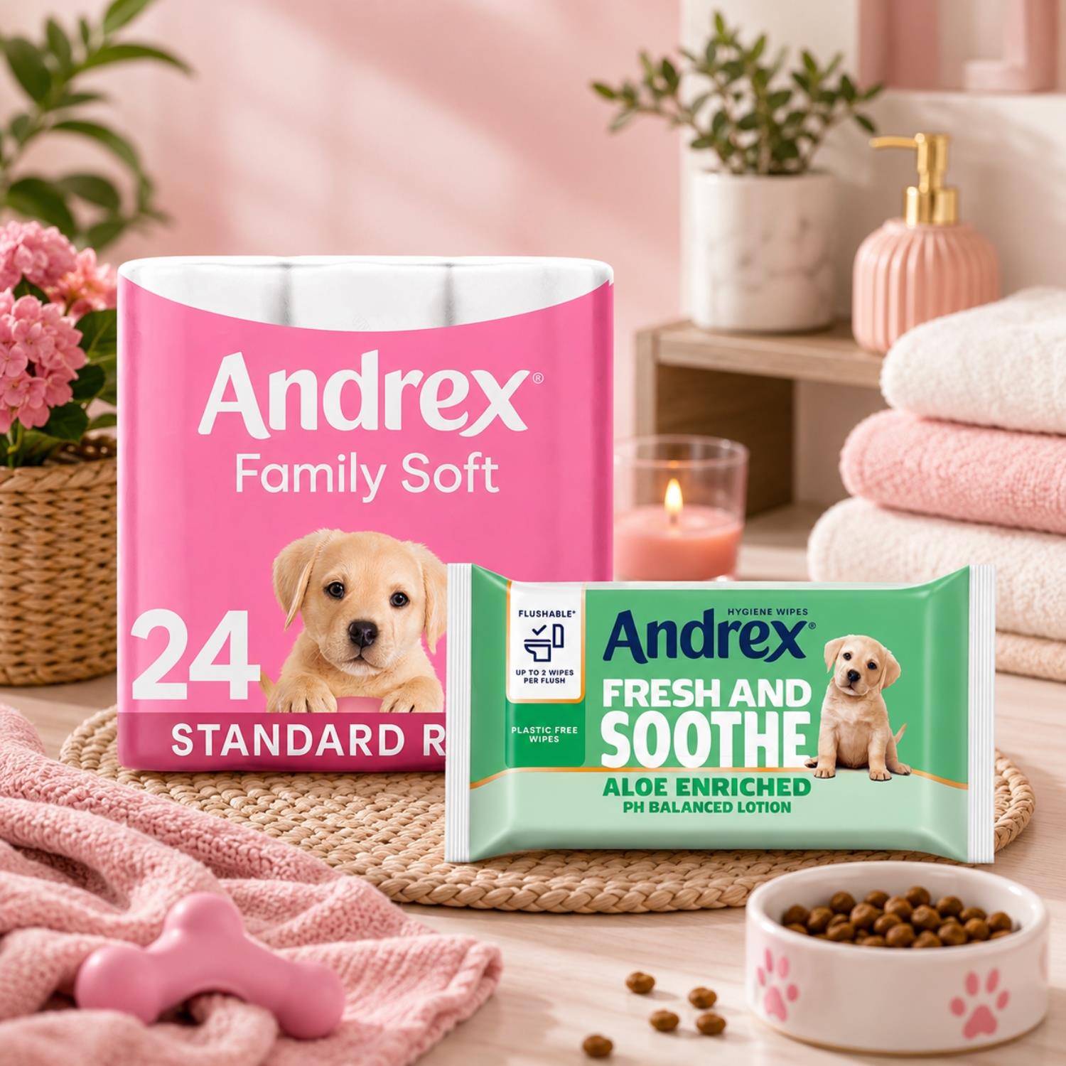 Andrex Gentle 2-ply Toilet Paper 24 Rolls + Ultra Care Washlets 12 Pack