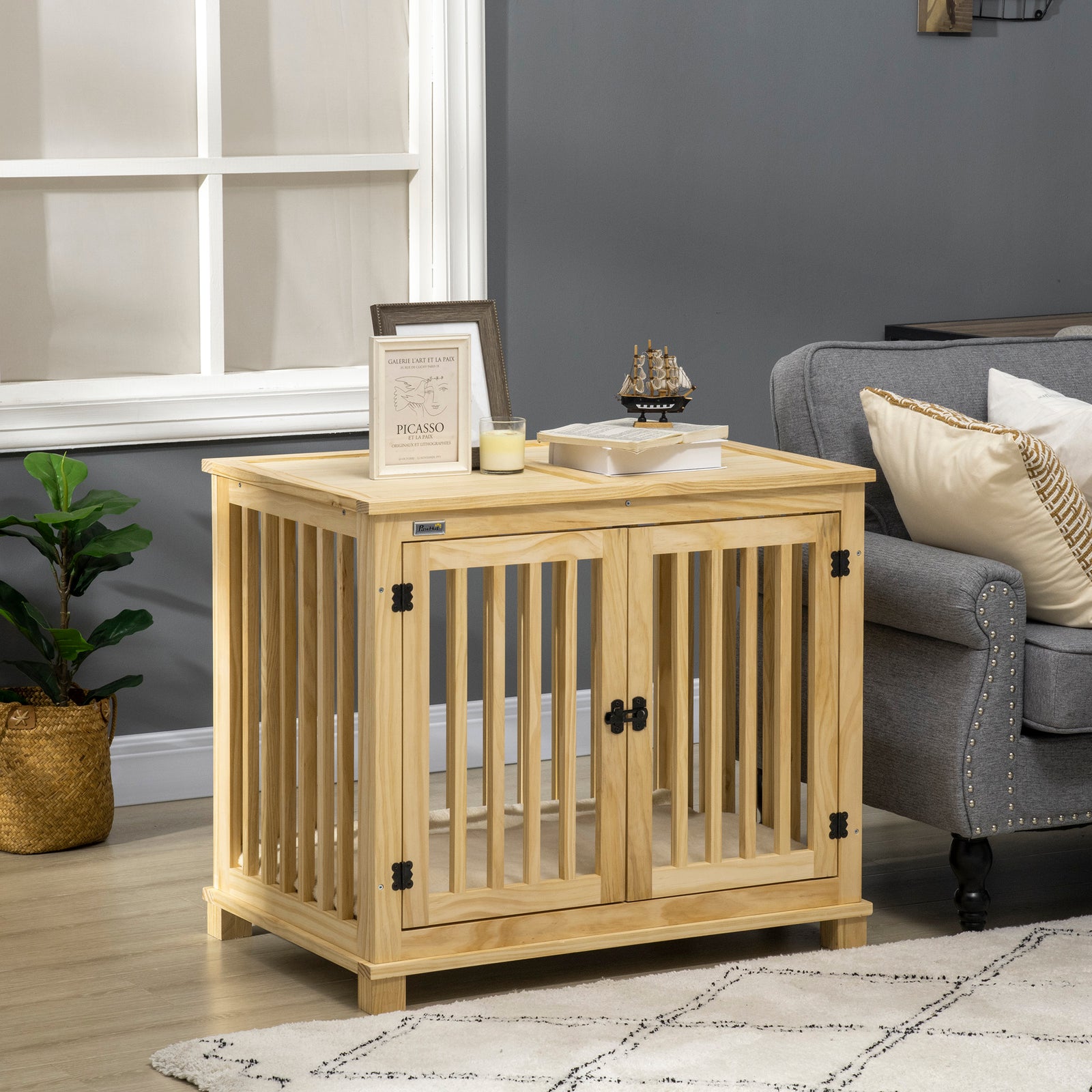 Wooden Dog Crate W/ Double Doors, Soft Cushion
