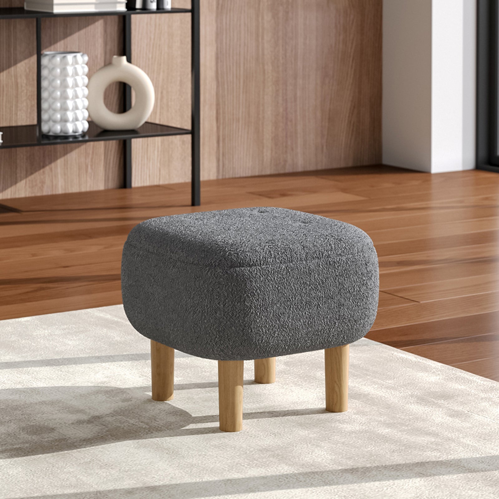 Teddy Fleece Footstool With Rubberwood Legs & Felt Pads | Grey