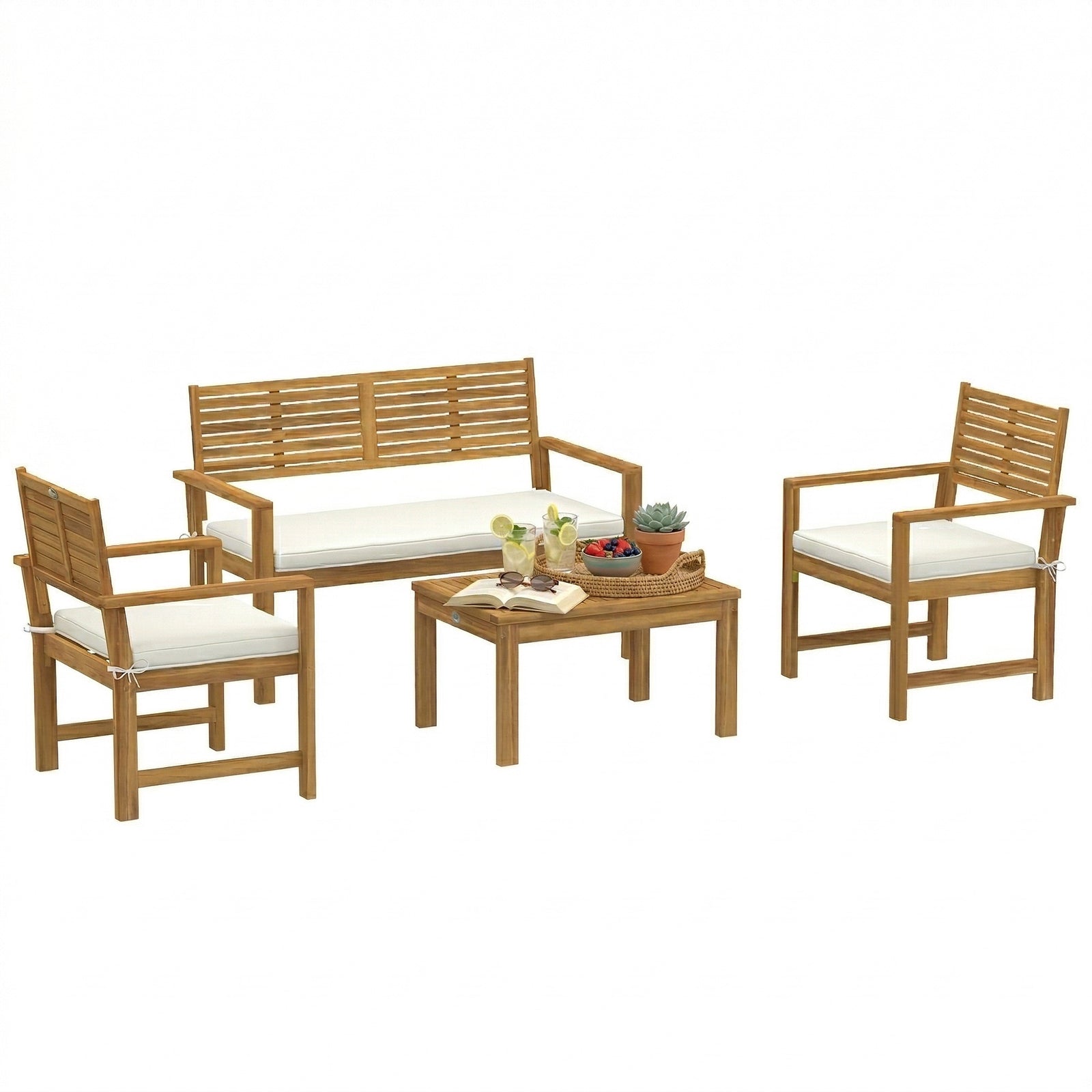 4 Seater Wooden Garden Furniture Set With Loveseat, Chairs, Table | White