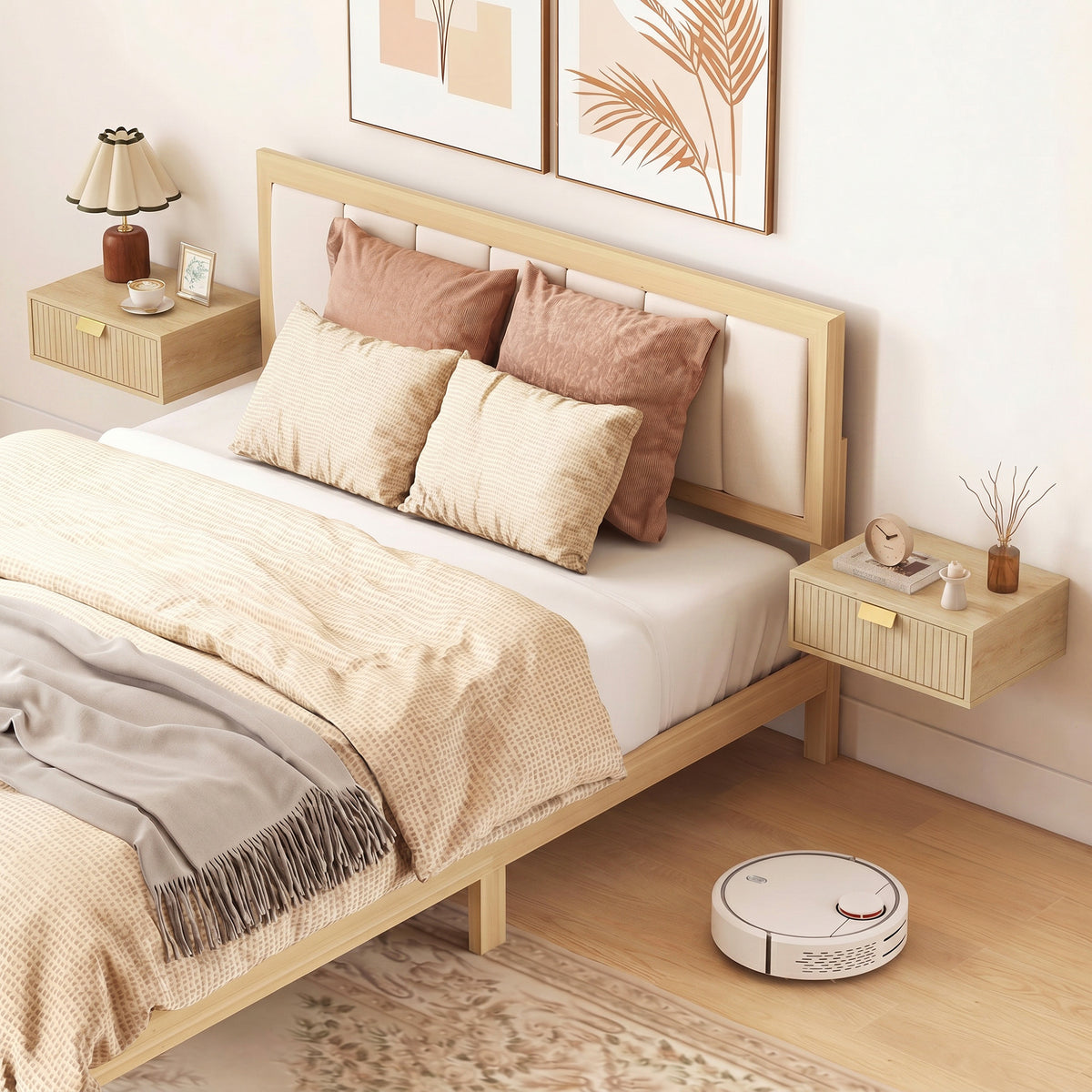 Floating Nightstands Set Of 2 Bedside Tables W/ Wave Drawer | Oak