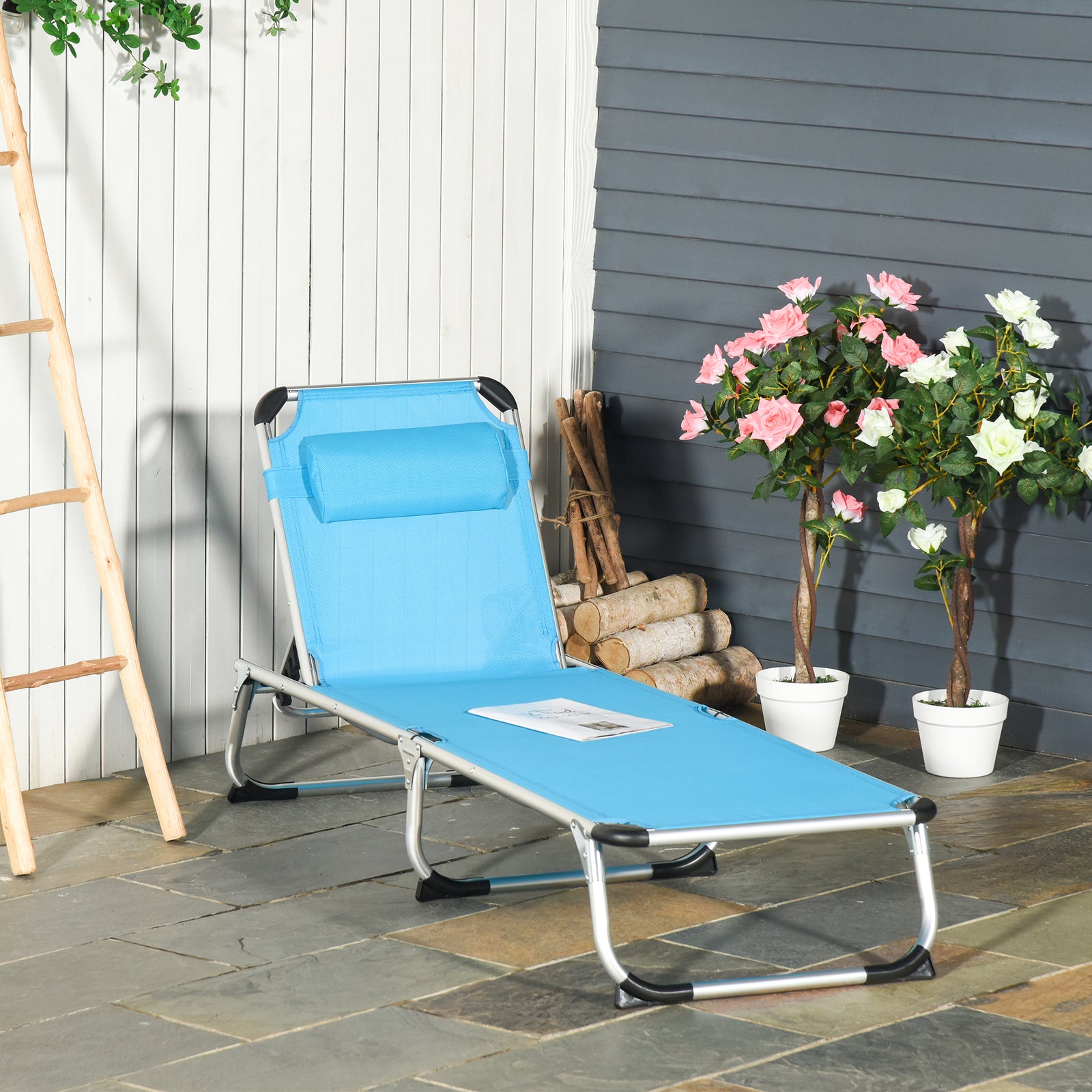 Folding Outdoor Lounger W/ Pillow | Blue