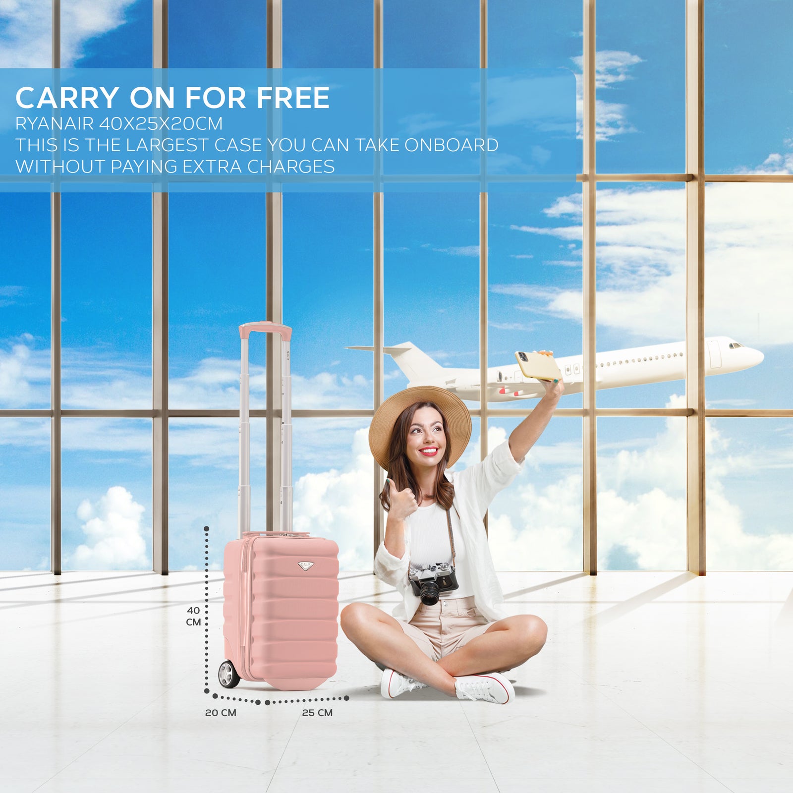 40x20x25cm Hard Case Cabin Suitcase Ryanair Free Approved Carry On | Cabin | Rose
