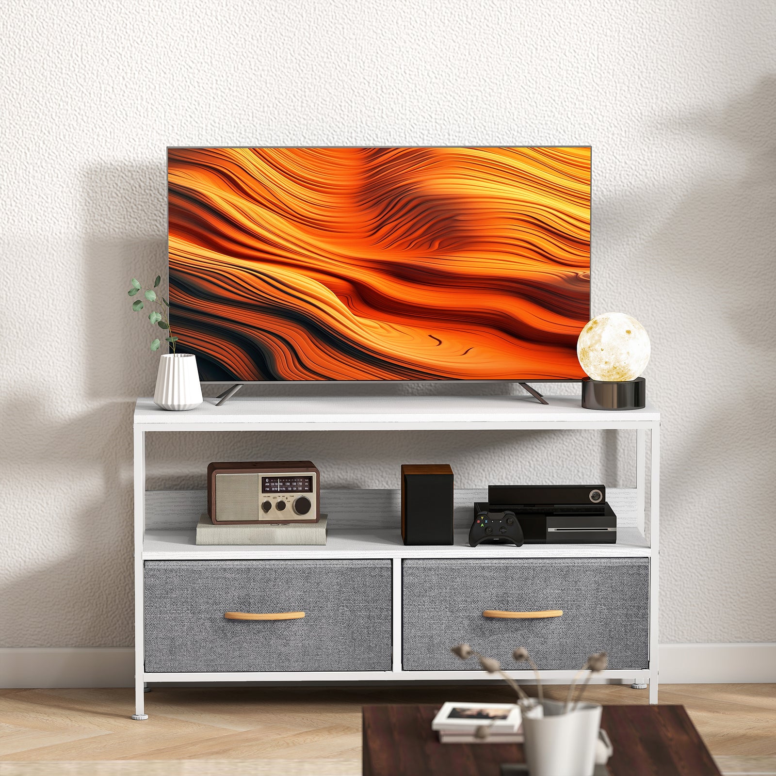 Tv Cabinet, Tv Console Unit With 2 Foldable Linen Drawers | White