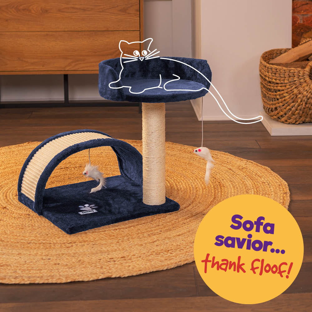 Cat Bed With Sisal Scratch Post Navy Carpeted Pet Resting Bed | One Size | Navy Blue