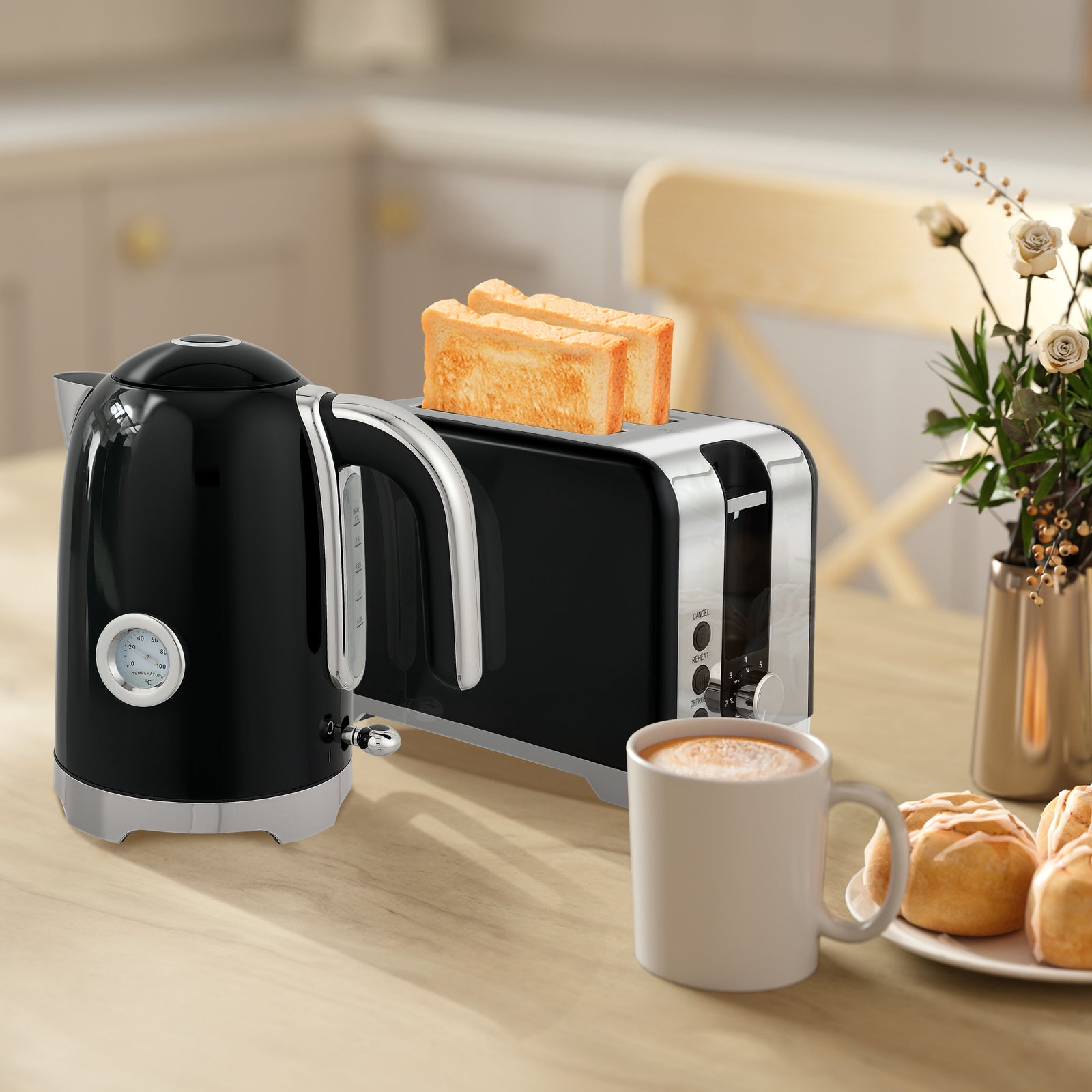 Kettle And Toaster Set With Temperature Gauge, Crumb Tray | Black