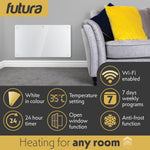 Electric Wifi Glass Radiator Panel Heater White Wall Mounted Or Floor Standing Bathroom Safe Timer And Thermostat | 1500w | White