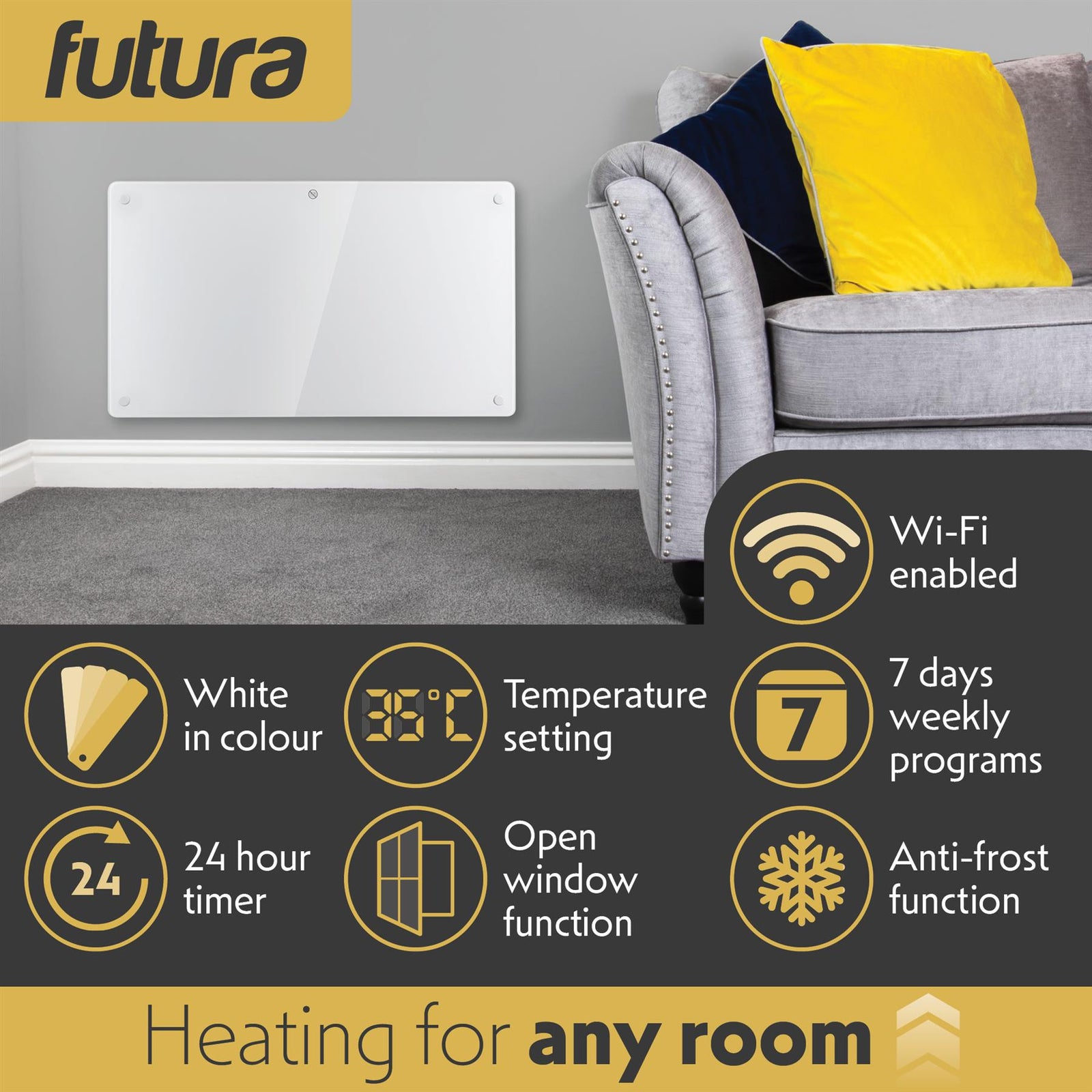 Electric Wifi Glass Radiator Panel Heater White Wall Mounted Or Floor Standing Bathroom Safe Timer And Thermostat | 1500w | White