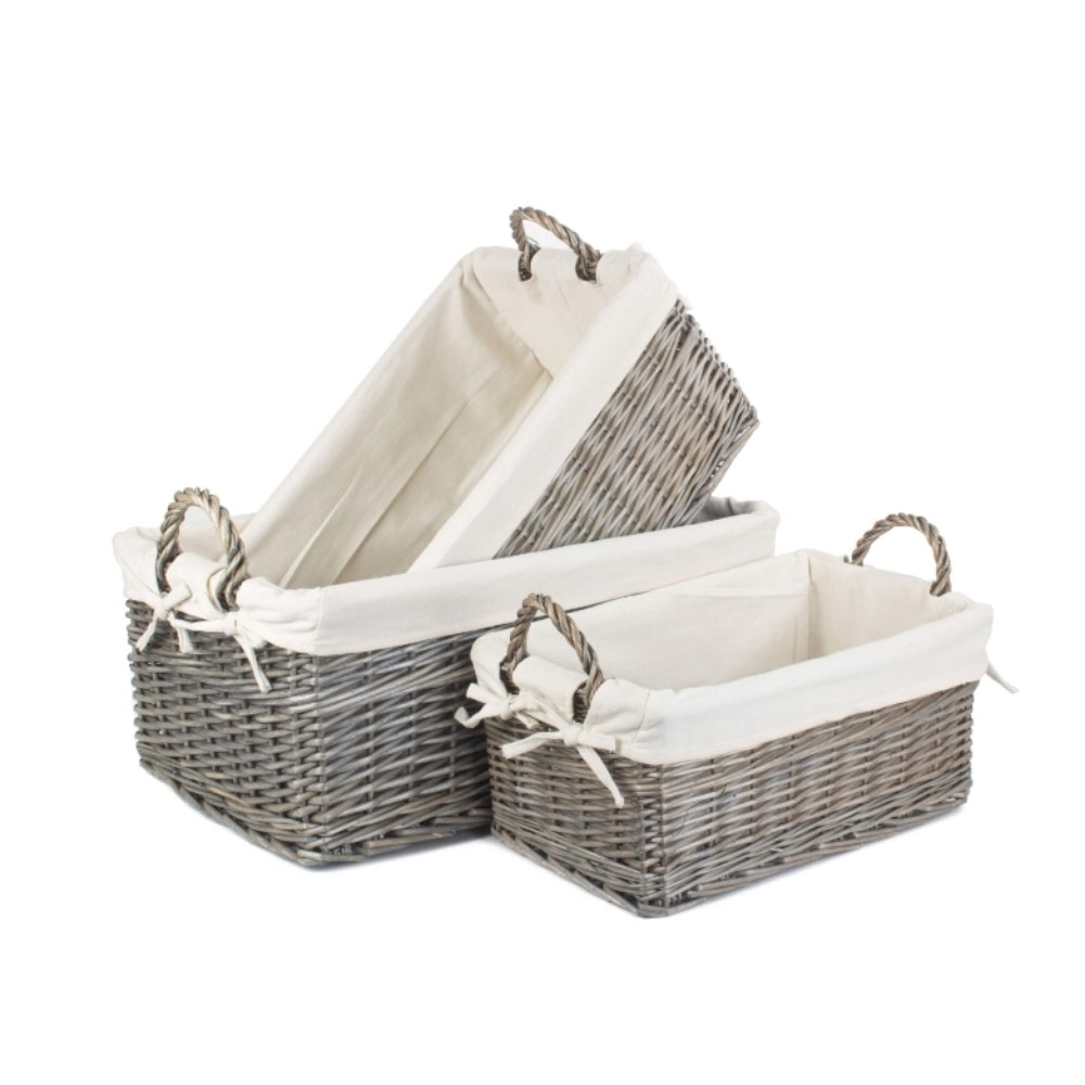Wicker Shallow Lined Antique Wash Storage Basket | Set-of-3 | White