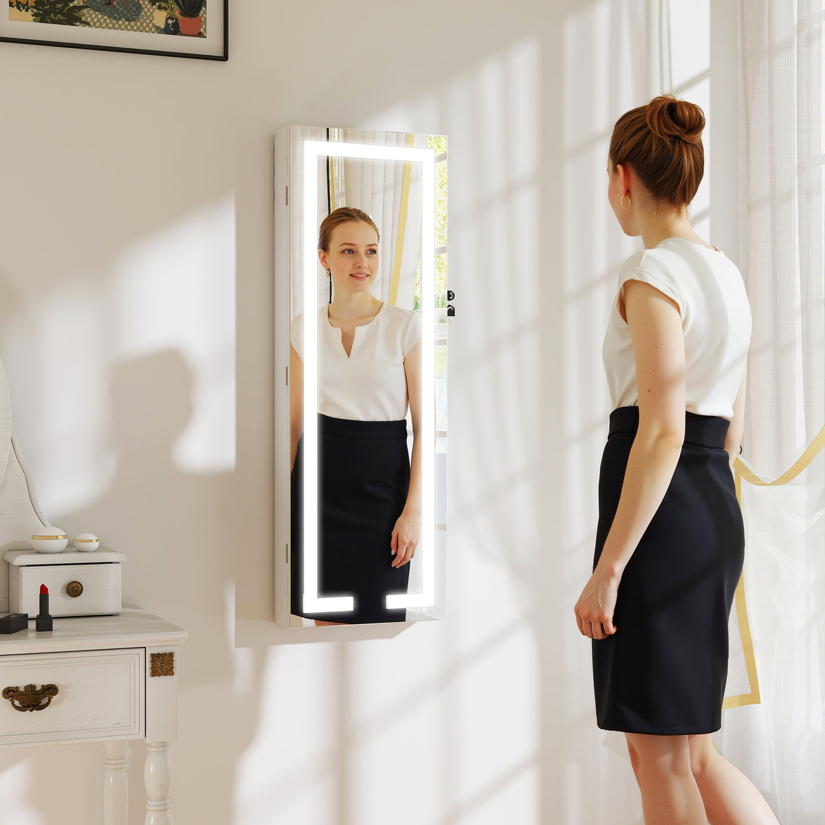 HOMCOM Led Mirror Jewellery Cabinet, Full Length Mirror With Storage, White