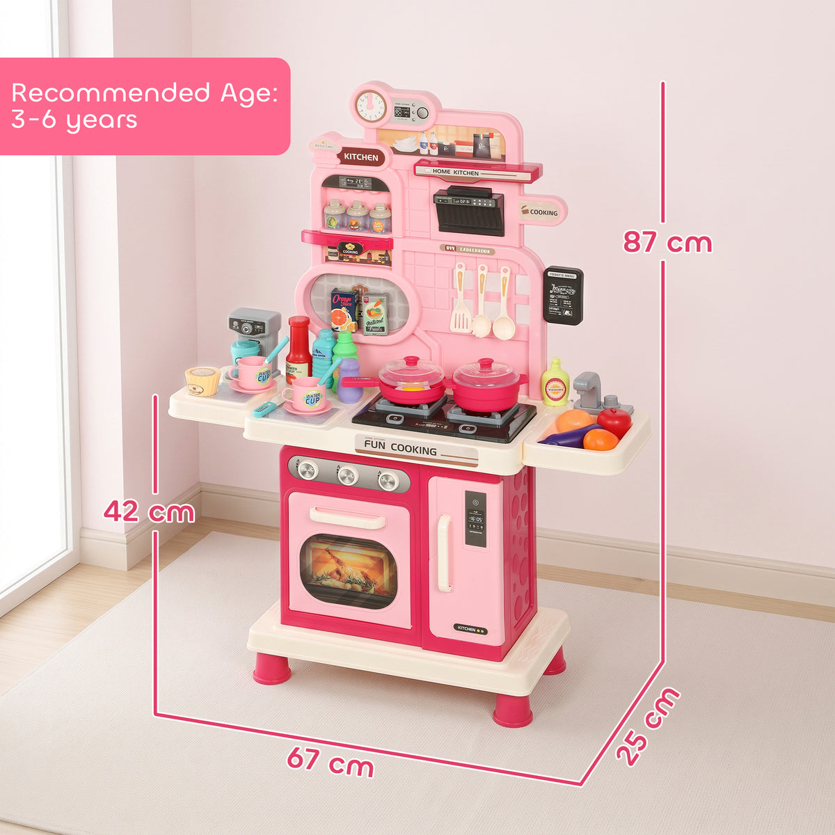 AIYAPLAY 33 Pcs Play Kitchen With Lights, Sounds, Storage, Pink