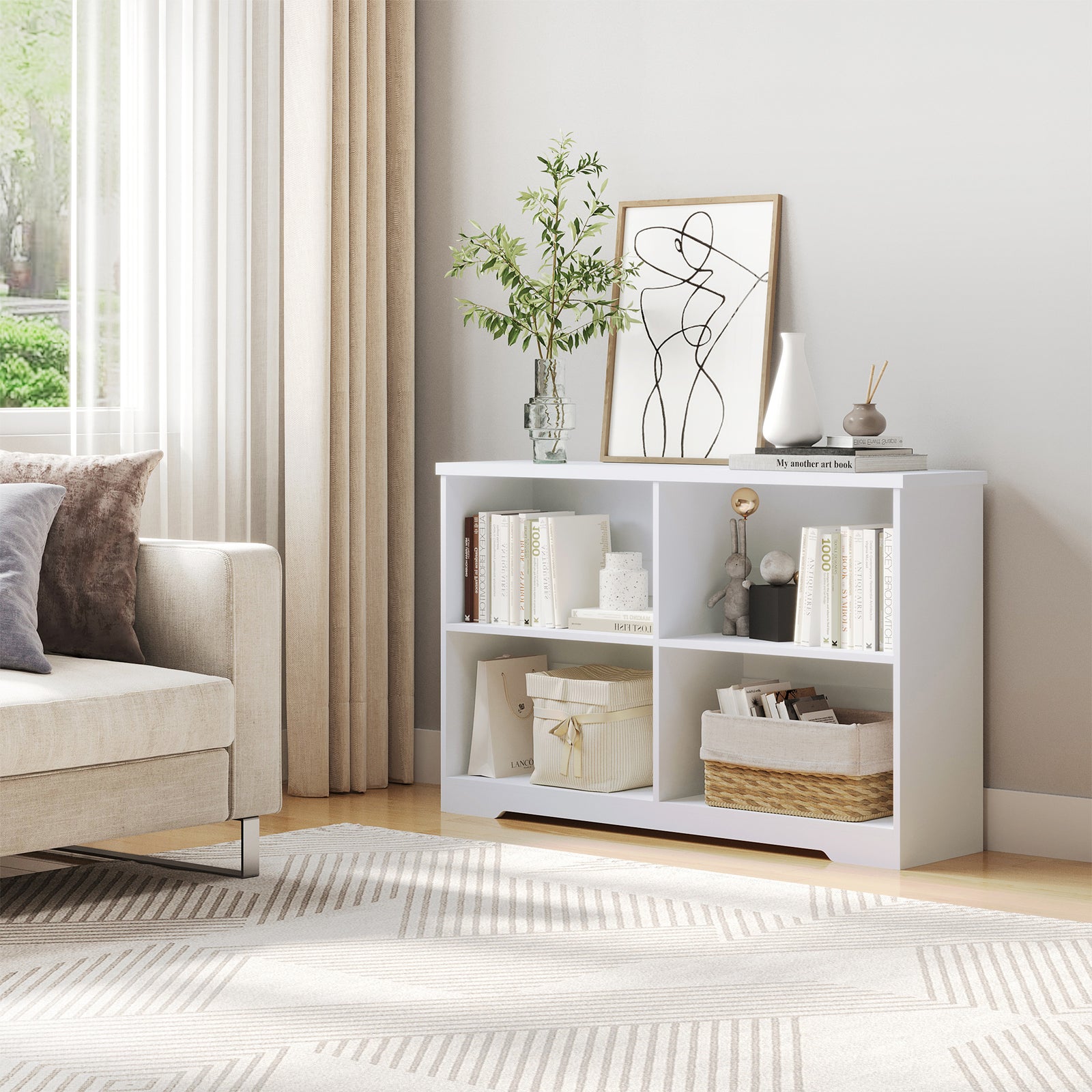 Simple Modern 4 Compartment Low Bookcase With Shelves