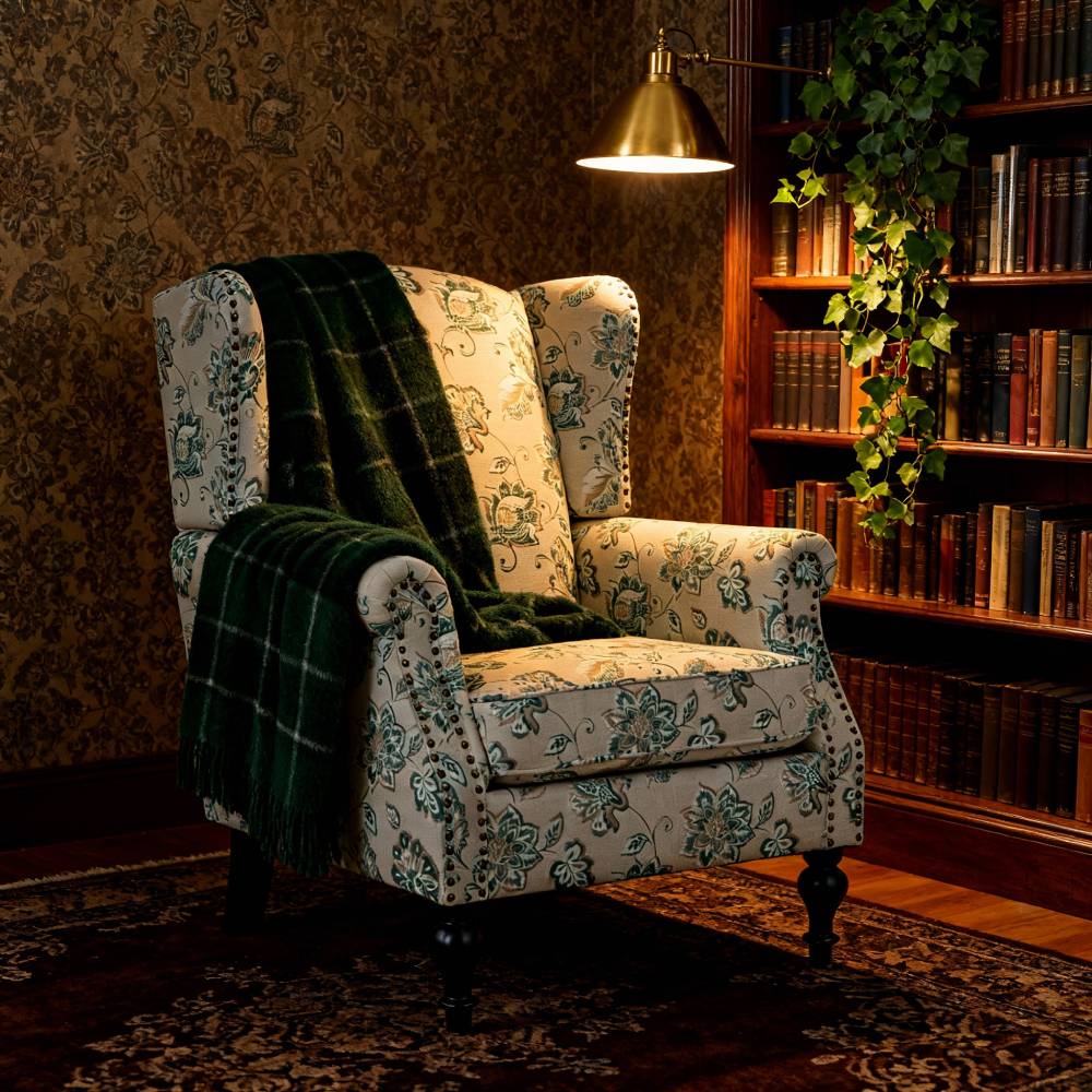Floral Velvet Linen Wingback Armchair With Nailhead Trim