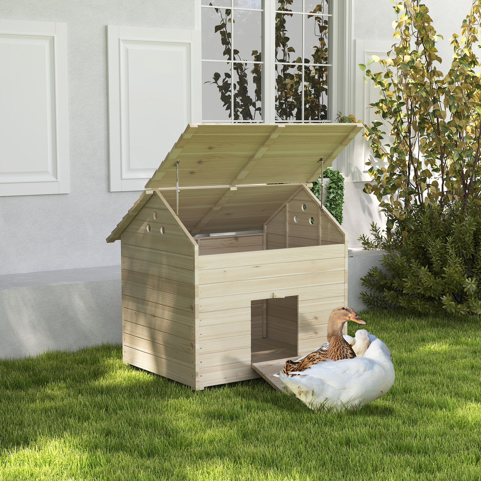 Pawhut Wooden Duck House W/ Openable Roof, Raised Base, Air Holes - Natural