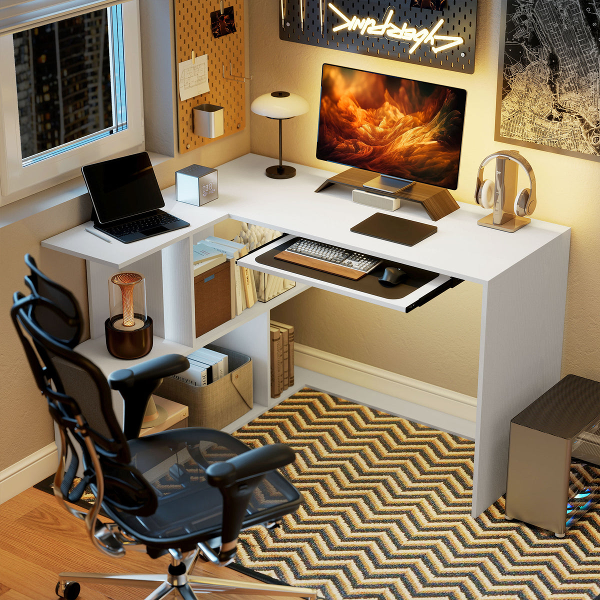 L-shaped Corner Desk With Keyboard Tray And Open Shelves, White