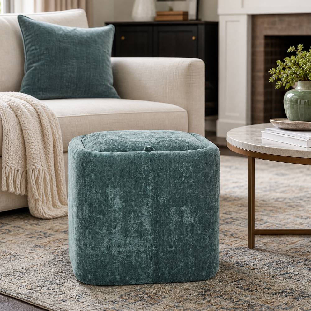 Modern Cube Storage Footstool Ottoman With Reversible Lid | Green
