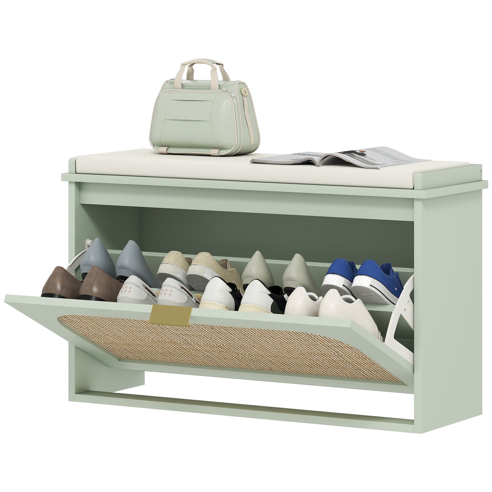 Boho Shoe Bench With Padded Seat And Flip-drawer | Light Green