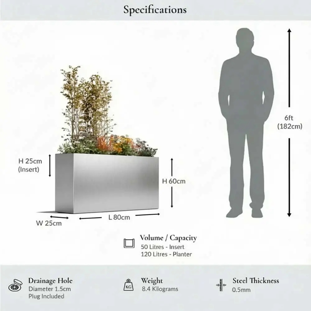 Long Zinc Galvanised Tall Trough Planter | 80cm x 25cm x 60cm | Silver