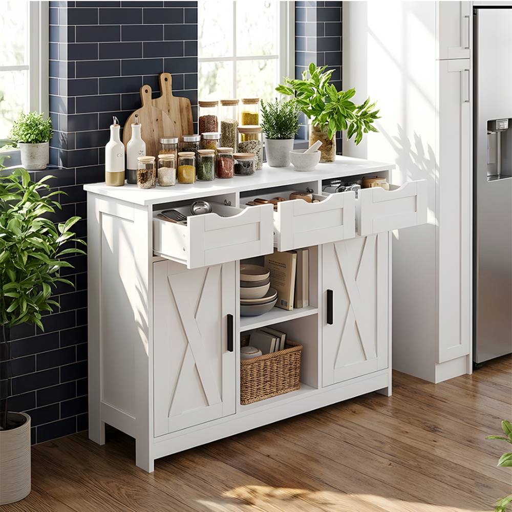 Wooden Sideboard Storage Cabinet With 3 Drawers And 2 Doors