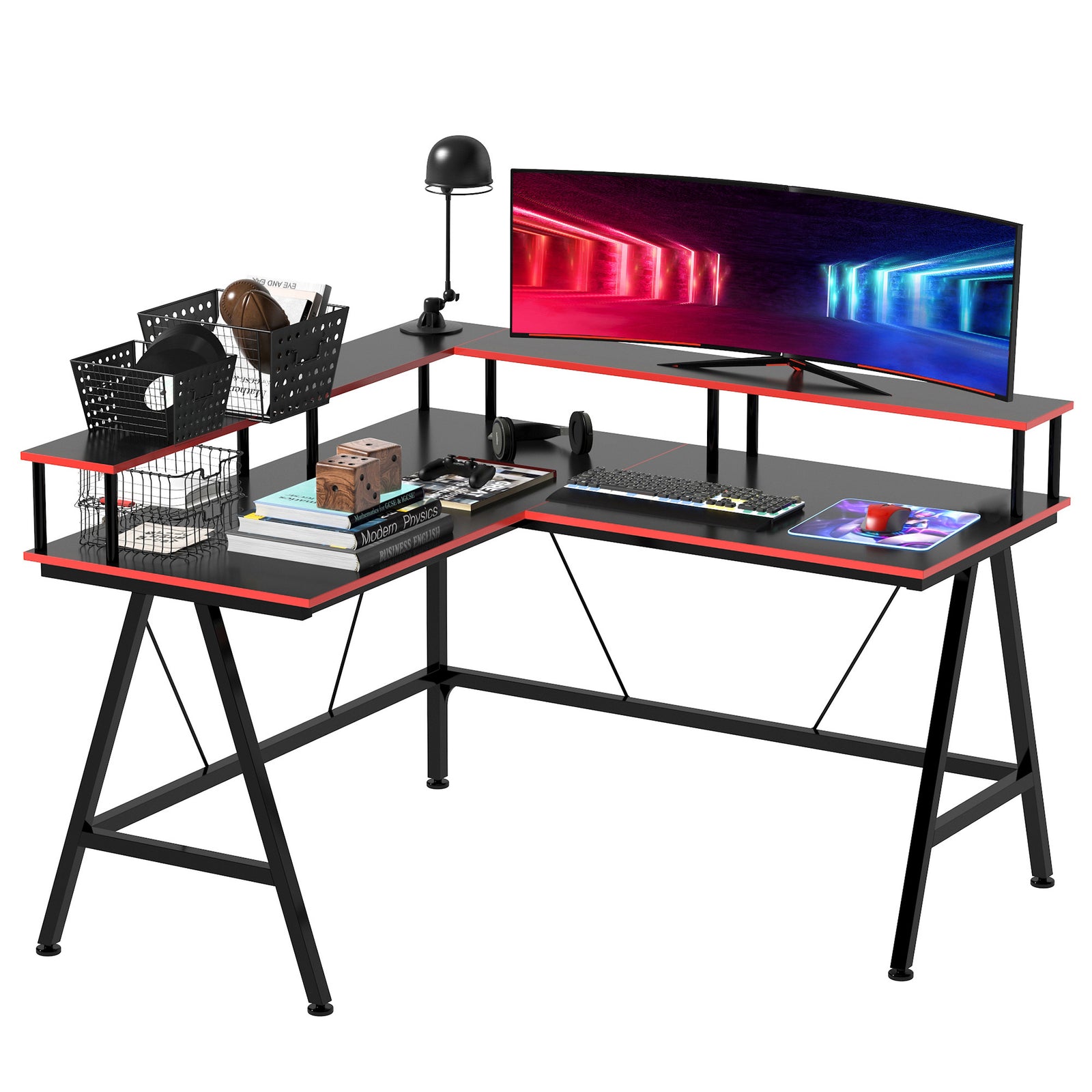 L-shape Gaming Corner Desk W/ Monitor Shelf